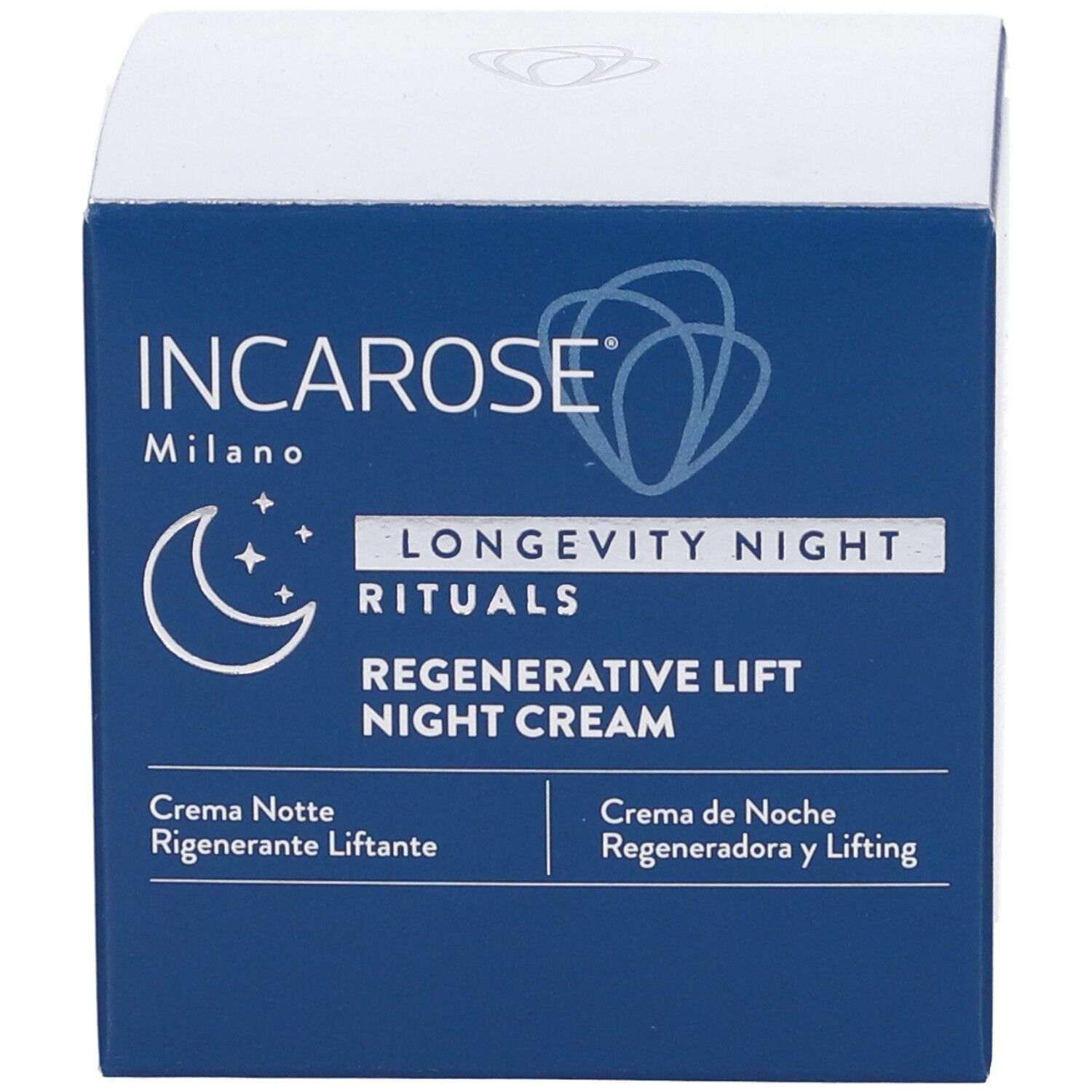 Blaue Schachtel mit weißer Schrift. Aufschrift: INCAROSE Milano, LONGEVITY NIGHT RITUALS, Regenerative Lift Night Cream. Mond- und Stern-Symbol.