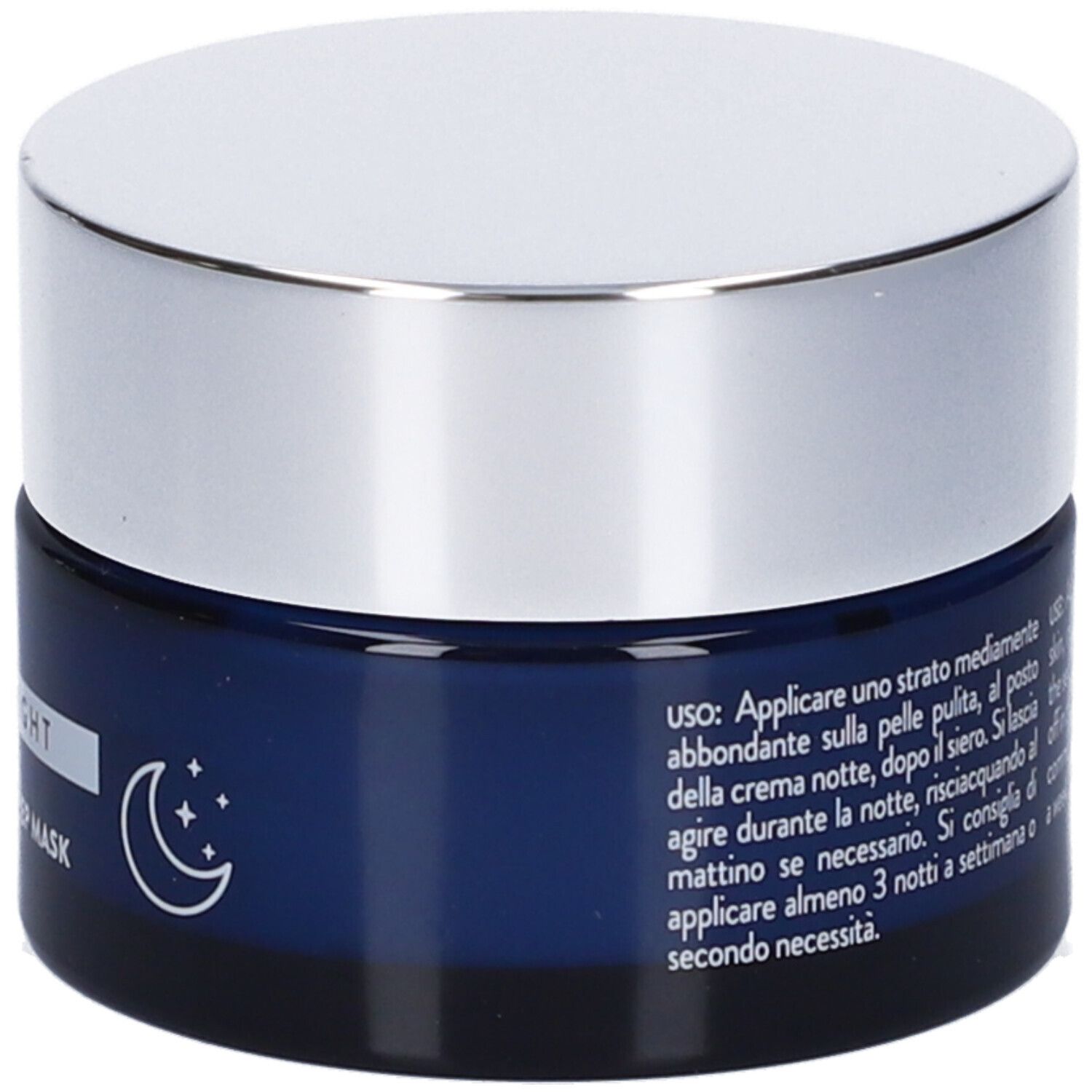 Dunkelblauer Tiegel mit silbernem Deckel. Aufschrift: LONGEVITY NIGHT RITUALS, SUPREME FIRMING SLEEP MASK. Mond- und Sternsymbol.