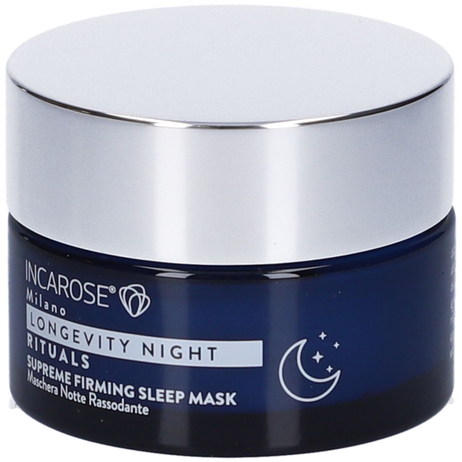 Dunkelblauer Tiegel mit silbernem Deckel. Aufschrift: INCAROSE Milano, LONGEVITY NIGHT RITUALS, SUPREME FIRMING SLEEP MASK.