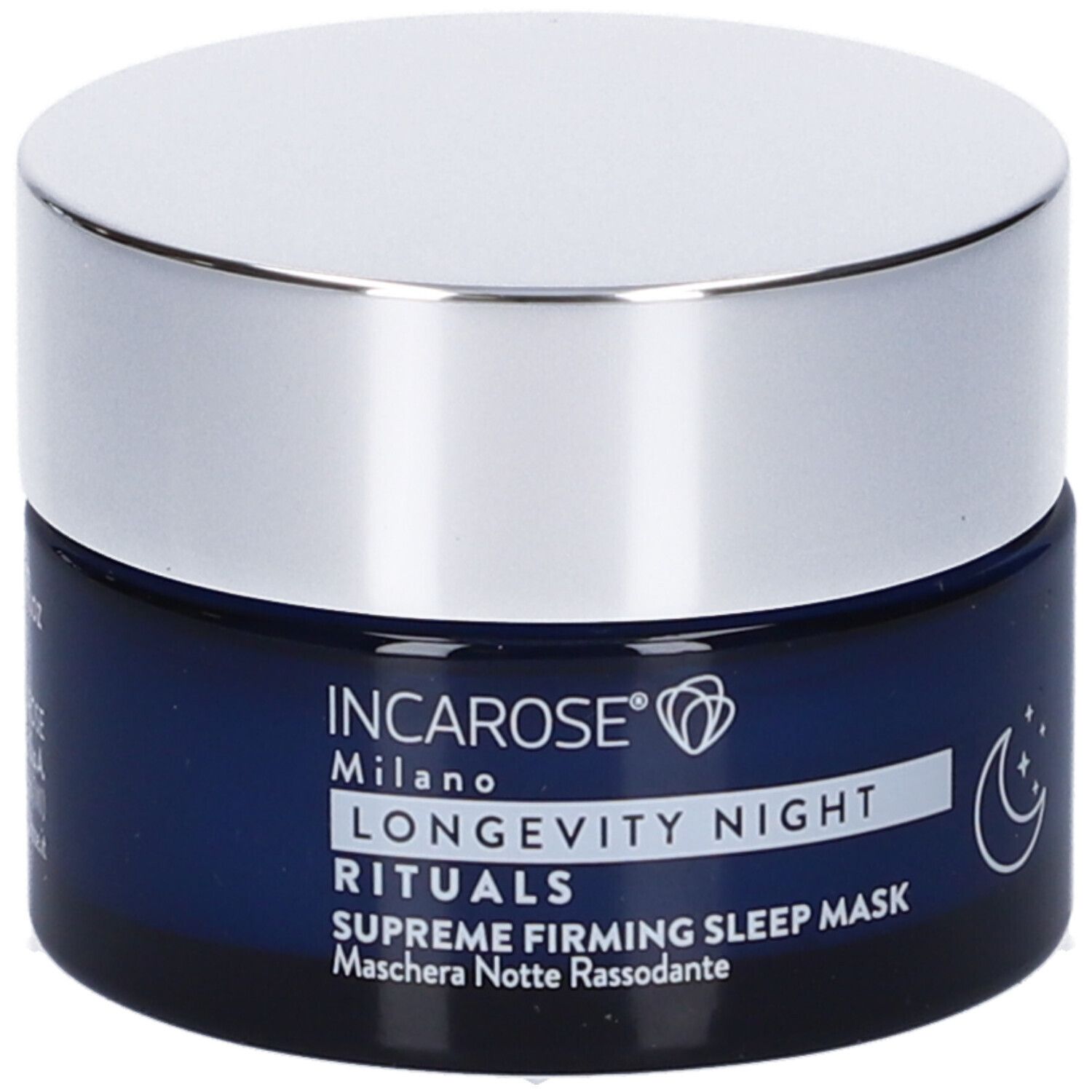 Dunkelblauer Tiegel mit silbernem Deckel. Aufschrift: INCAROSE Milano, LONGEVITY NIGHT RITUALS, SUPREME FIRMING SLEEP MASK.