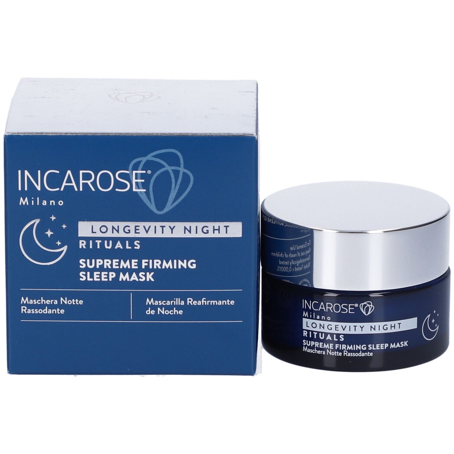 Produktverpackung und Tiegel. Verpackung: blaue Schachtel mit Produktnamen und Logo. Tiegel: dunkelblau mit silbernem Deckel.