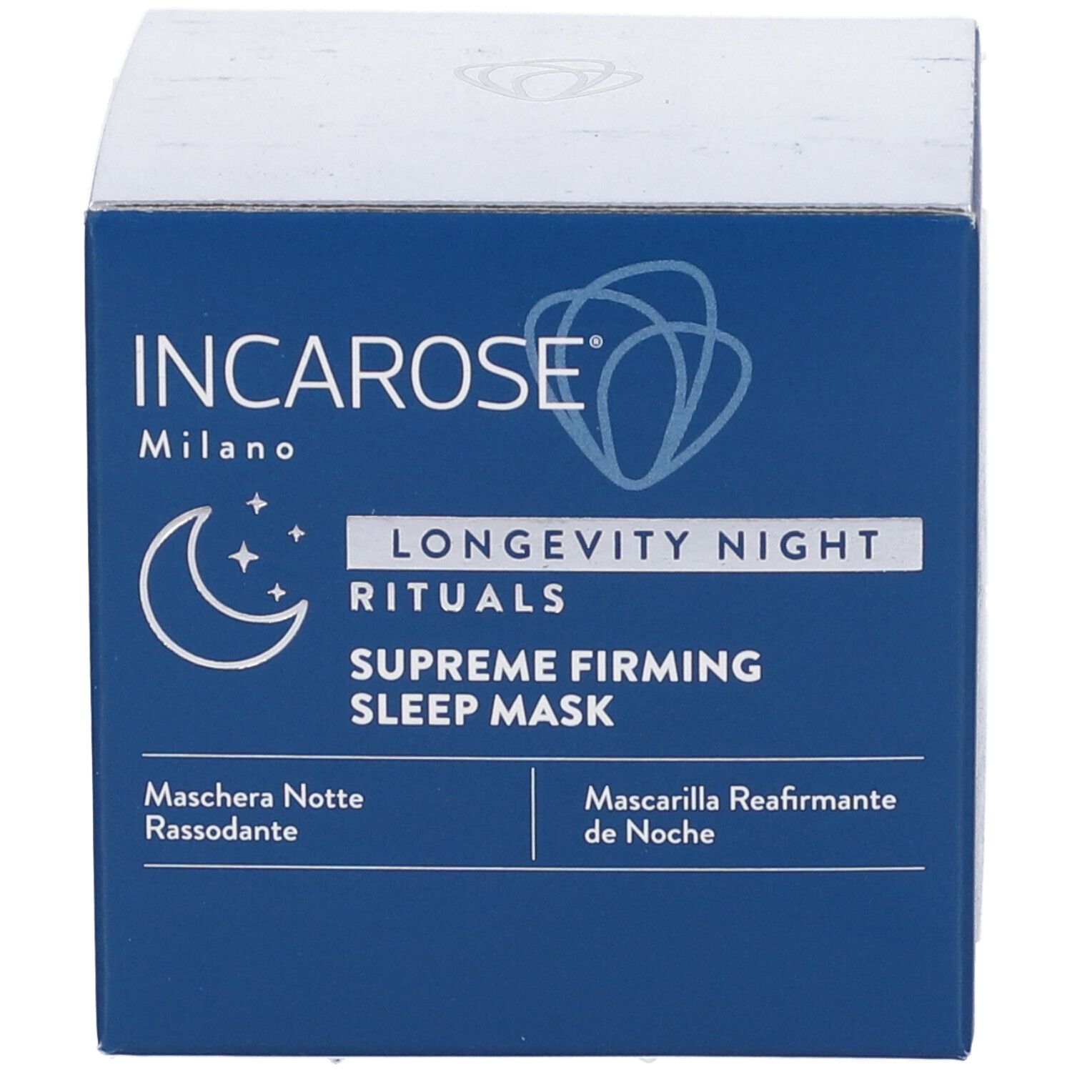 Blaue Produktverpackung. Aufschrift: INCAROSE Milano, LONGEVITY NIGHT RITUALS, SUPREME FIRMING SLEEP MASK. Mond- und Sternsymbol.