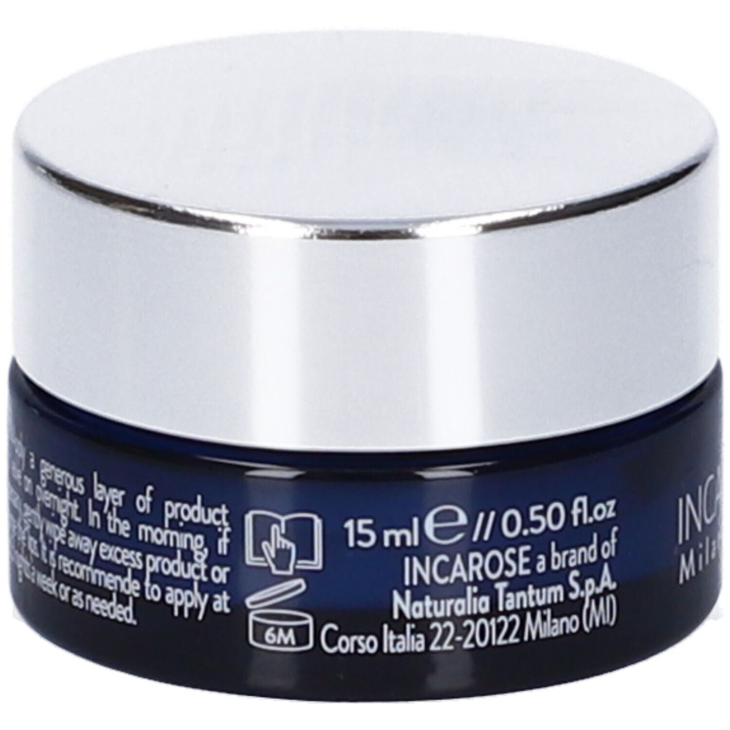Blaue Dose mit silbernem Deckel. Aufschrift: INCAROSE, 15 ml, 0.50 fl.oz. Text und Piktogramme auf der Dose.
