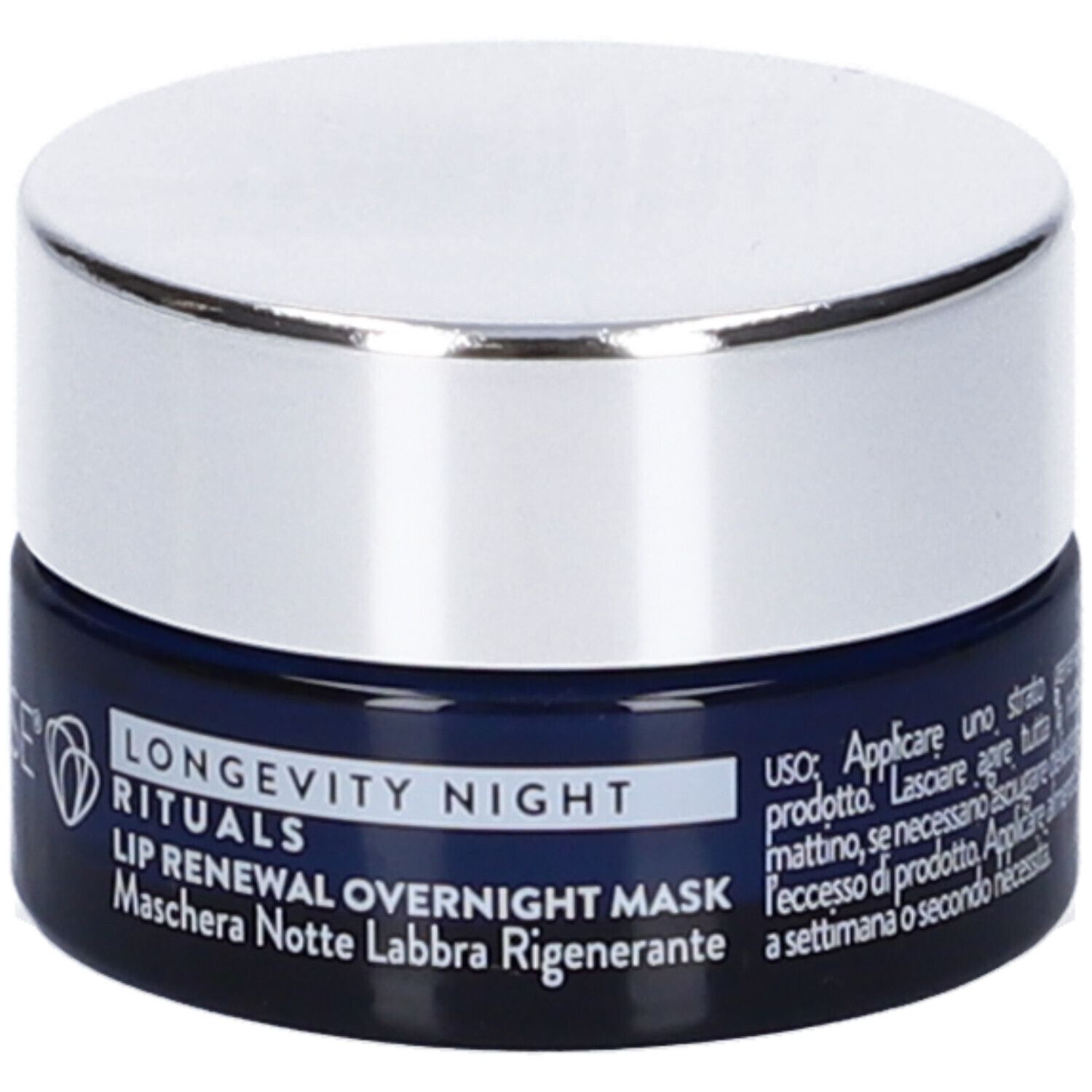 Blaue Dose mit silbernem Deckel. Aufschrift: LONGEVITY NIGHT RITUALS, LIP RENEWAL OVERNIGHT MASK, Maschera Notte Labbra.