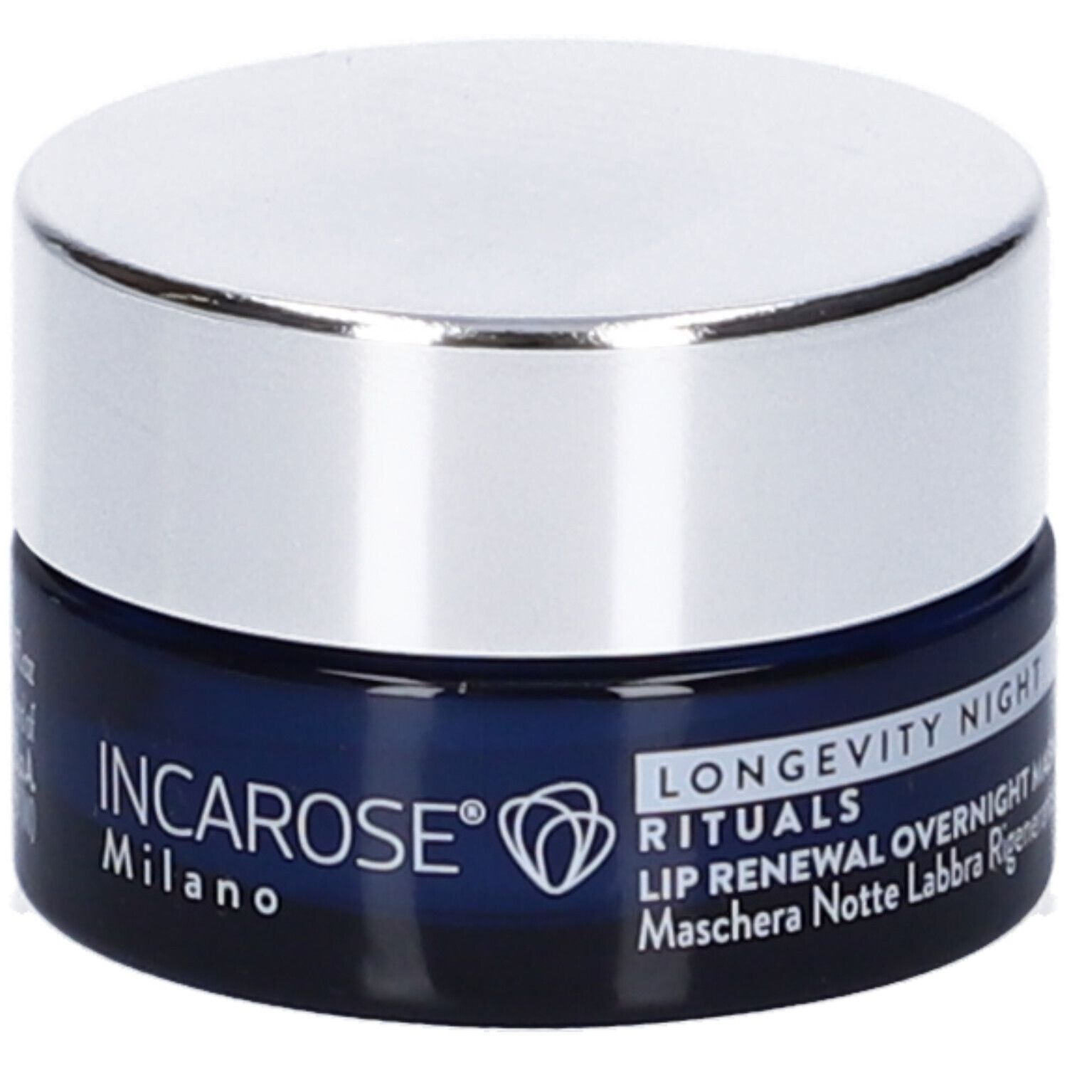 Blaue Dose mit silbernem Deckel. Aufschrift: INCAROSE Milano, Logo, LONGEVITY NIGHT RITUALS, LIP RENEWAL OVERNIGHT MASK.