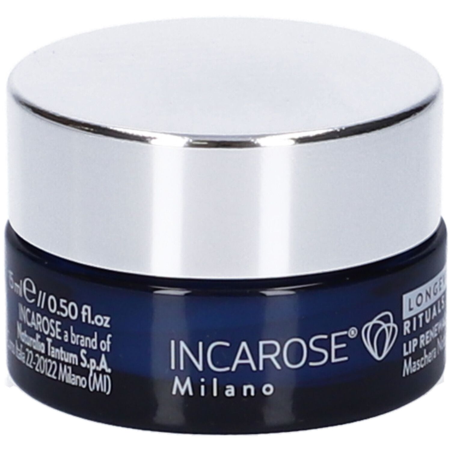 Blaue Dose mit silbernem Deckel. Aufschrift: INCAROSE Milano, Logo, 15 ml, 0.50 fl.oz, LONGEVITY RITUALS, LIP RENEWAL.