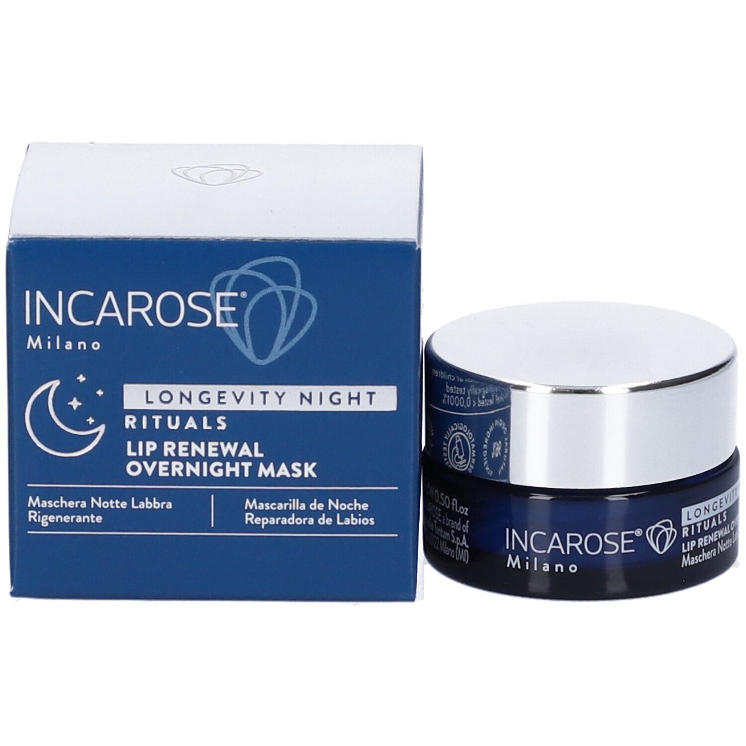 Blaue Dose mit silbernem Deckel und Verpackung. Aufschrift: INCAROSE Milano, Logo, LONGEVITY NIGHT RITUALS, LIP RENEWAL.
