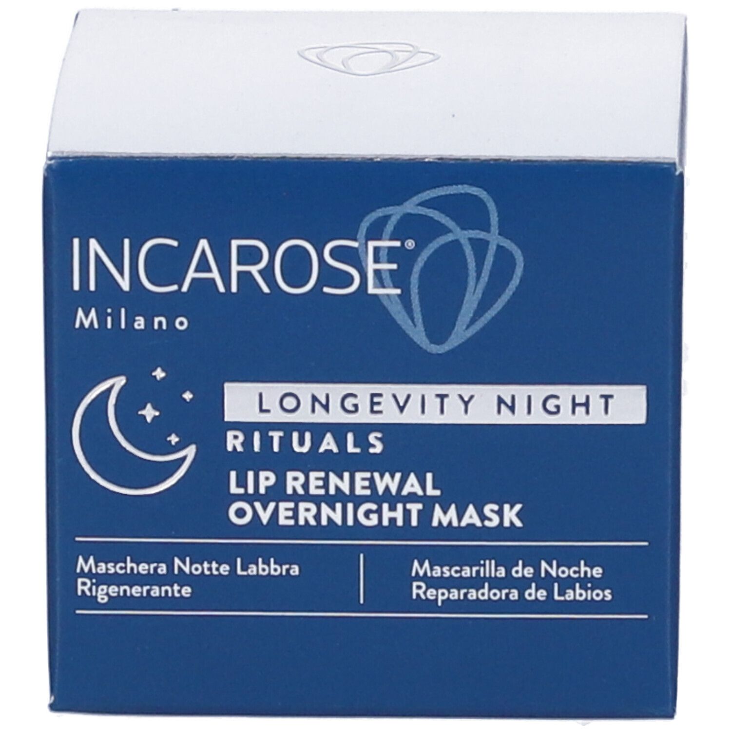 Blaue Verpackung mit Aufschrift: INCAROSE Milano, Logo, LONGEVITY NIGHT RITUALS, LIP RENEWAL OVERNIGHT MASK.