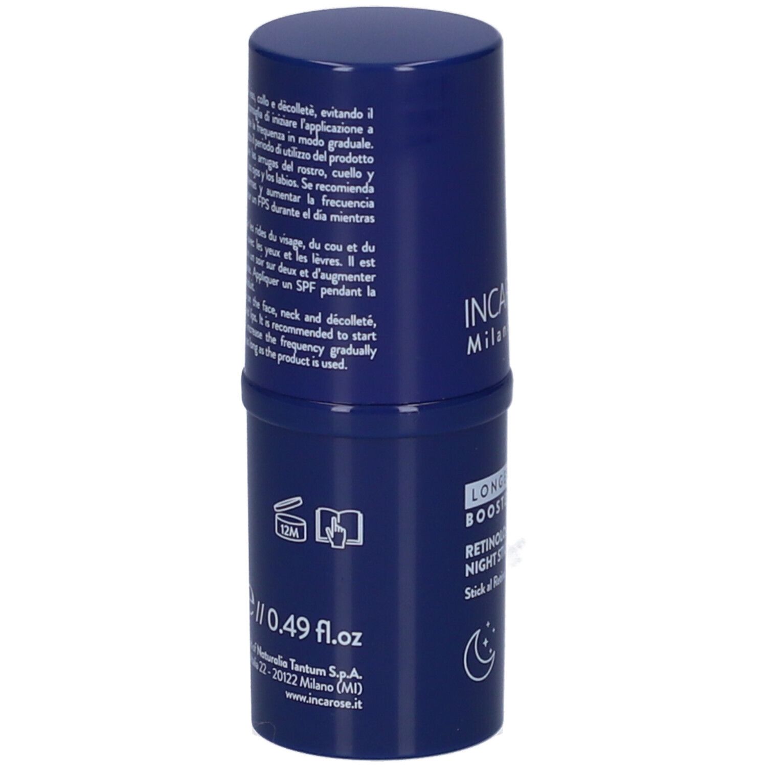 Blauer Stick mit Text. Aufschrift: 0.49 fl.oz, 12M. Text in Italienisch, Französisch, Englisch.
