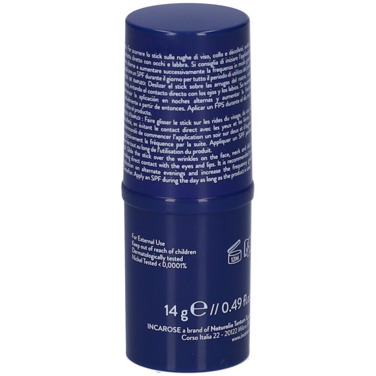 Blauer Stick mit Text. Aufschrift: 14 g / 0.49 fl.oz. Text in Italienisch, Französisch, Englisch.