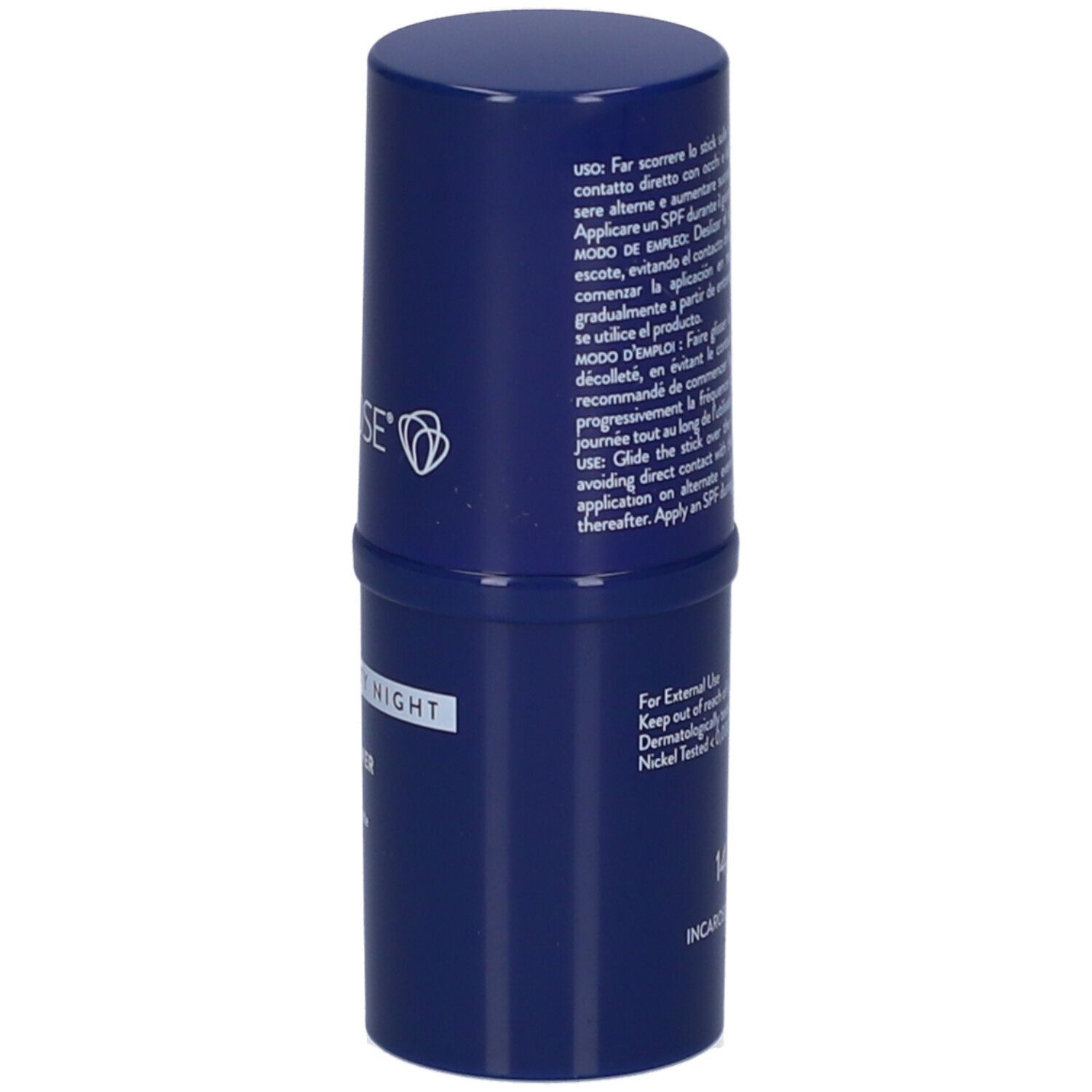 Blauer Stick mit Text. Aufschrift: Incarose Milano, Longevity Night Booster, Retinolo Power Night Stick.