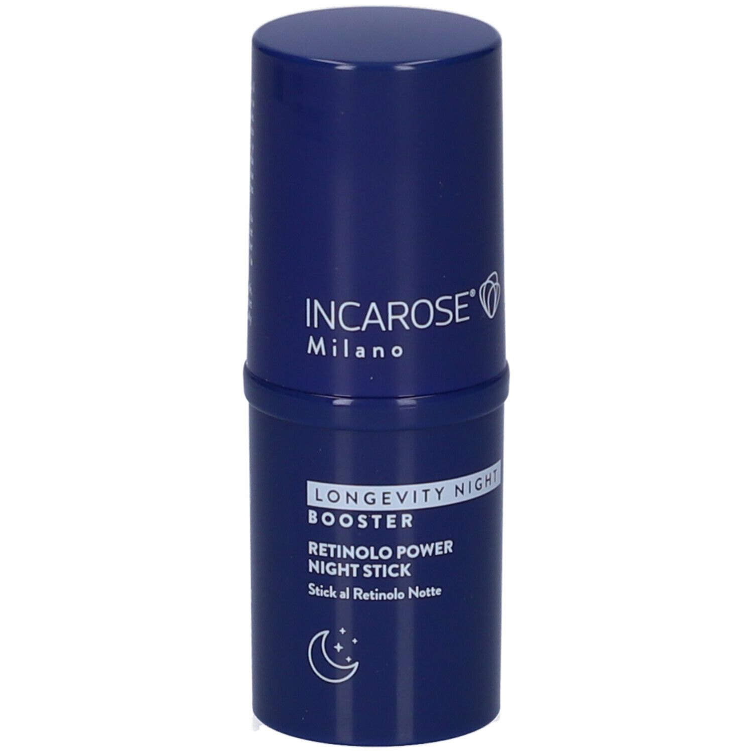 Blauer Stick mit weißer Schrift. Aufschrift: Incarose Milano, Longevity Night Booster, Retinolo Power Night Stick.