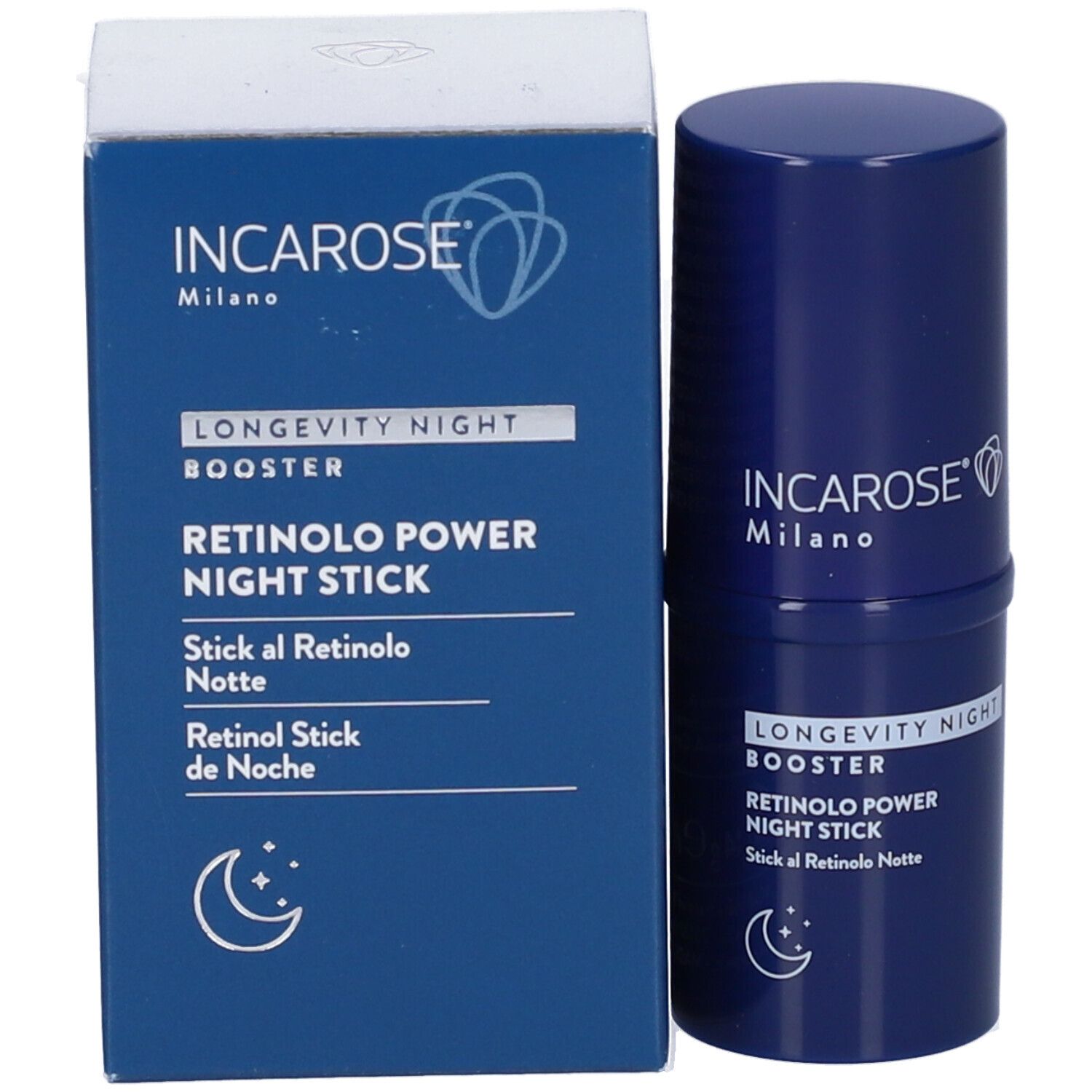Blauer Stick und Schachtel. Aufschrift: Incarose Milano, Longevity Night Booster, Retinolo Power Night Stick.
