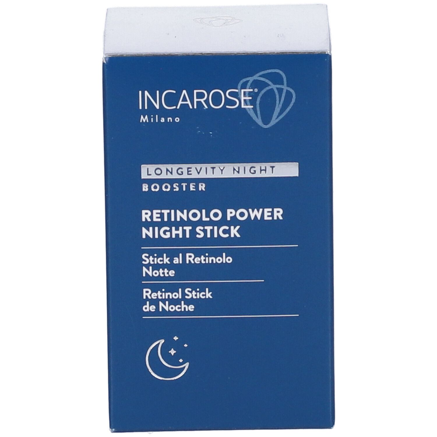 Blaue Schachtel mit weißer Schrift. Aufschrift: Incarose Milano, Longevity Night Booster, Retinolo Power Night Stick.
