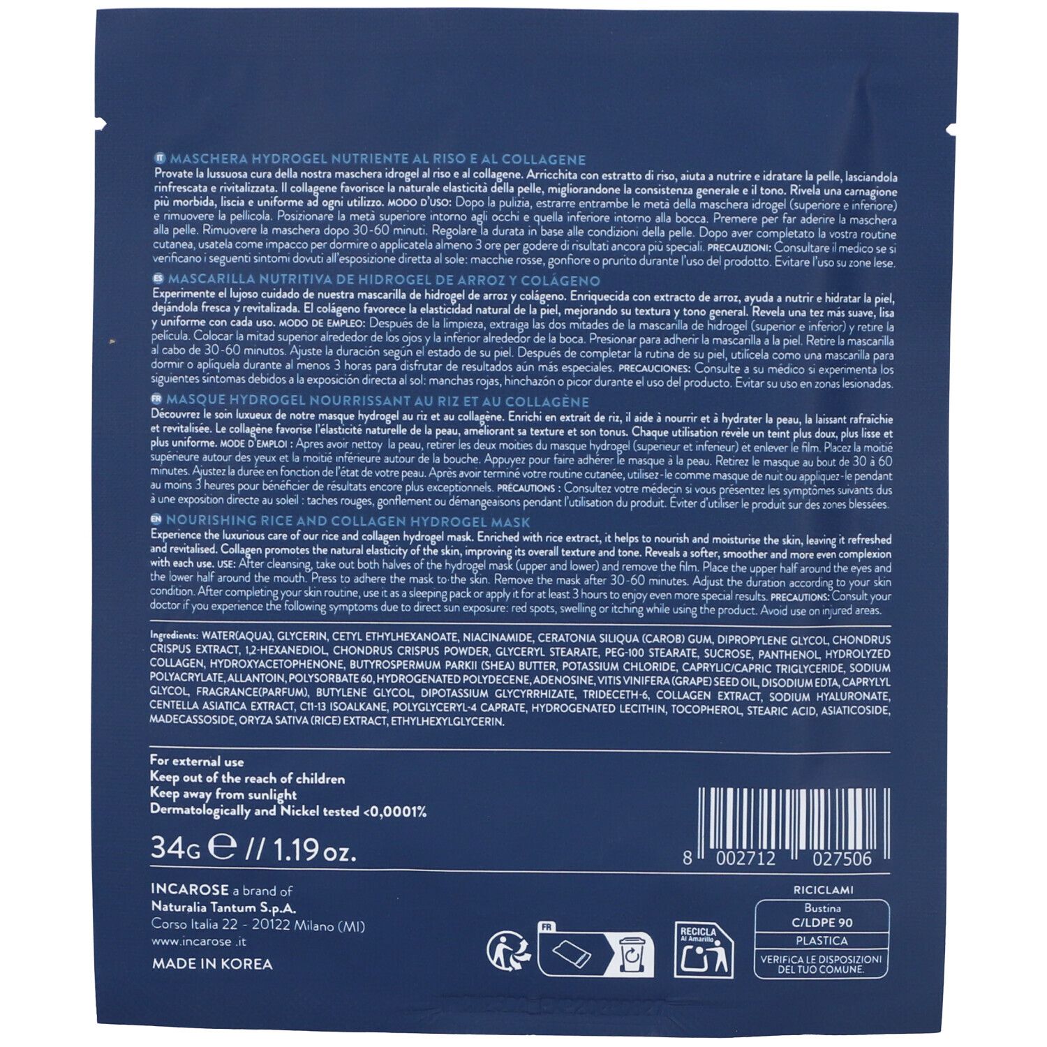 Rückseite der INCAROSE LN BOOST HYDRA MASK Verpackung. Textinformationen, Inhaltsstoffe, Barcode und Logo.