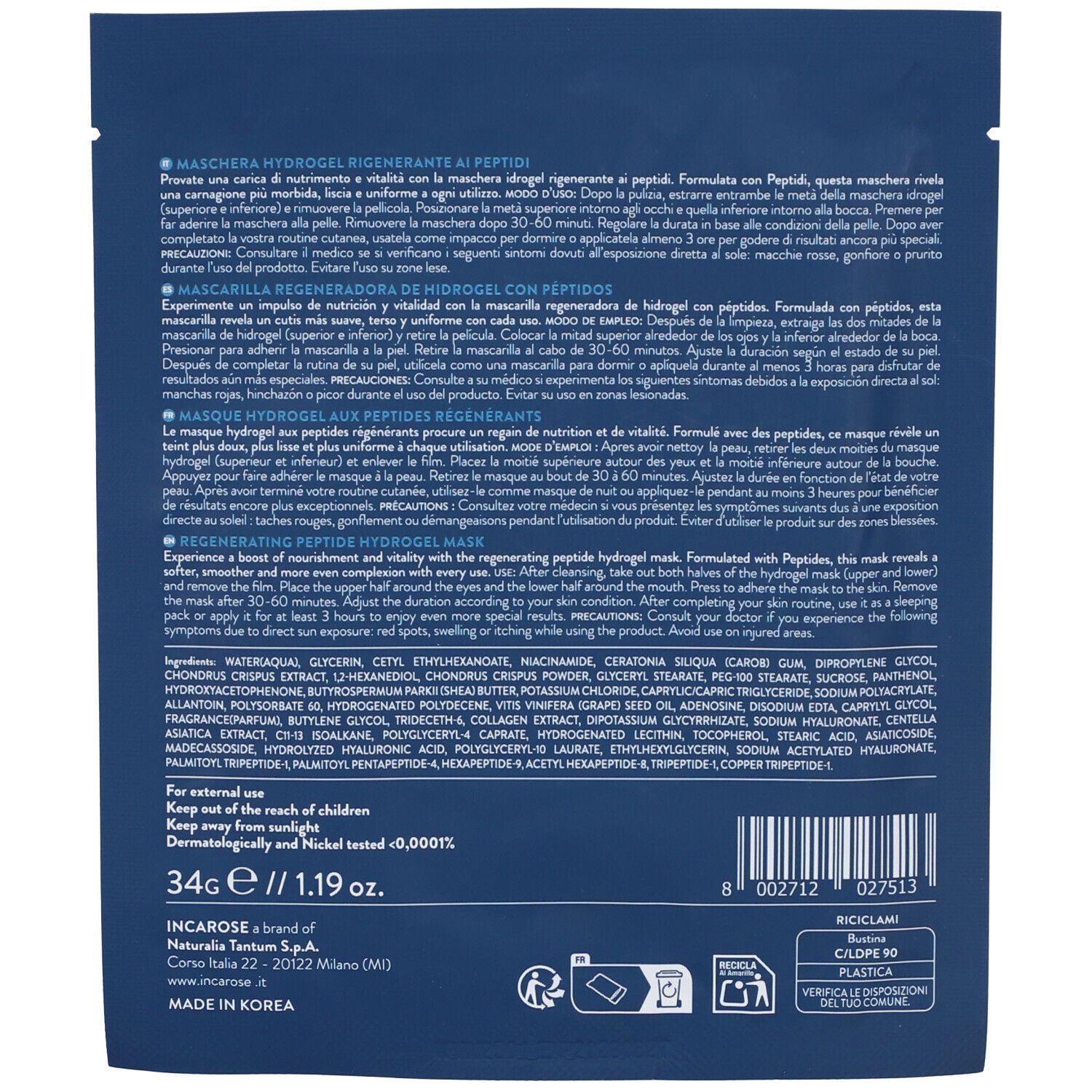 Rückseite der Gesichtsmaskenverpackung. Text und Inhaltsstoffe. Gewicht: 34g/1.19 oz. INCAROSE-Logo und Recycling-Symbol.