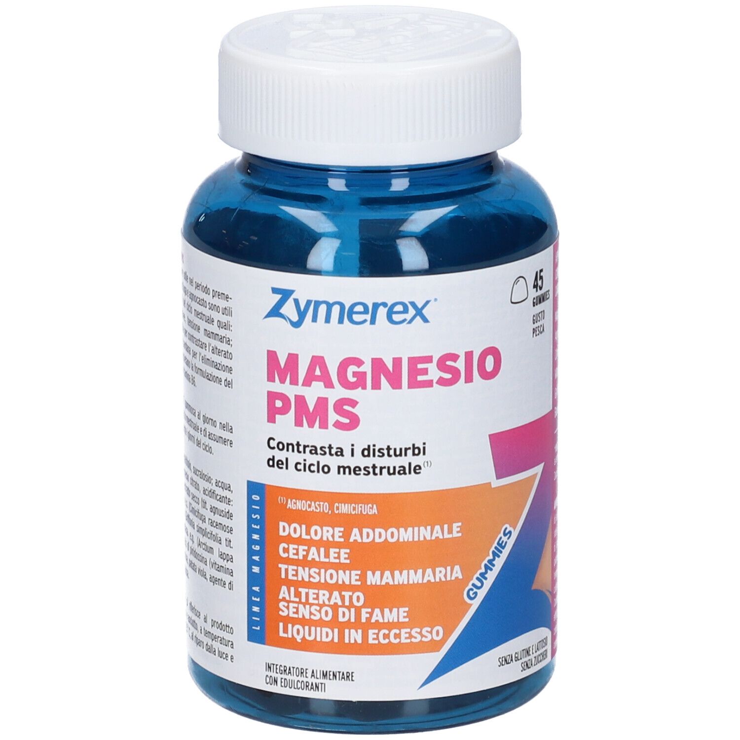 Gommose ZYMEREX MAGNESIO PMS in contenitore blu con tappo bianco.