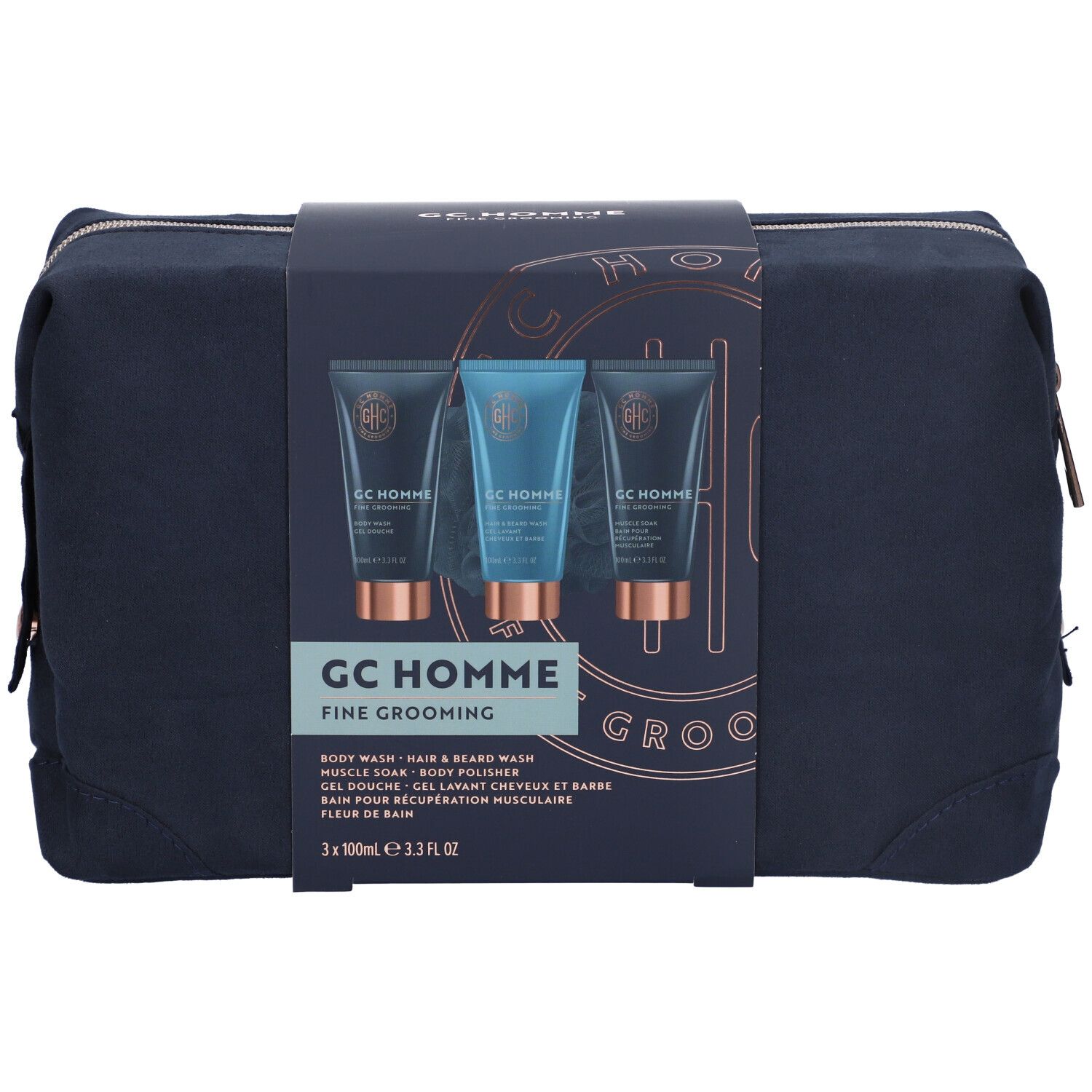 The Luxury Bathing Company GC Homme Set Regalo Gel Doccia + Gel Lavante Capelli e Barba + Ammollo per Muscoli + Spugna Corpo + Pochette Omaggio