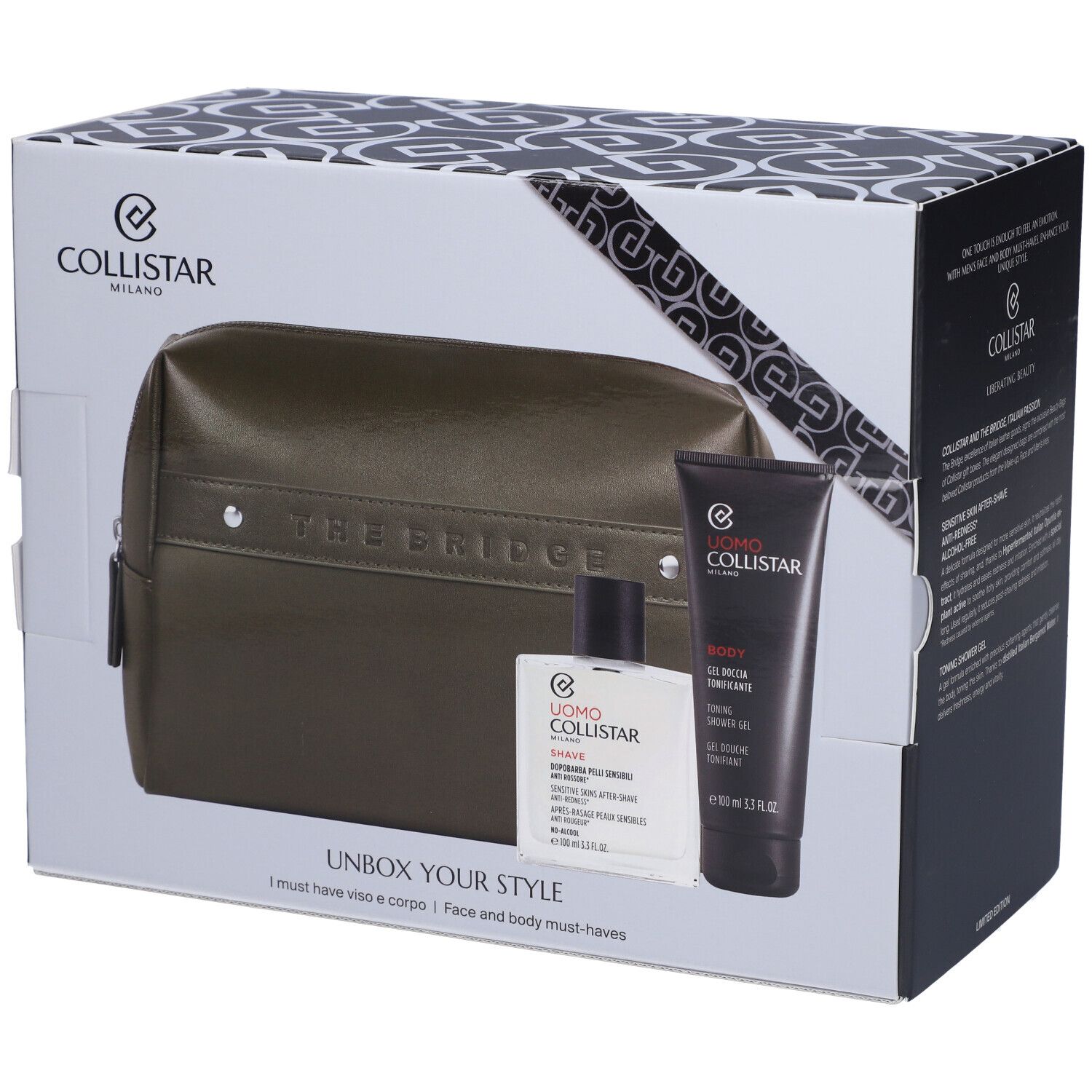 Collistar Unbox Your Style Cofanetto Gel Doccia Tonificante + Dopobarba Pelli Sensibili + Pochette THE BRIDGE Omaggio