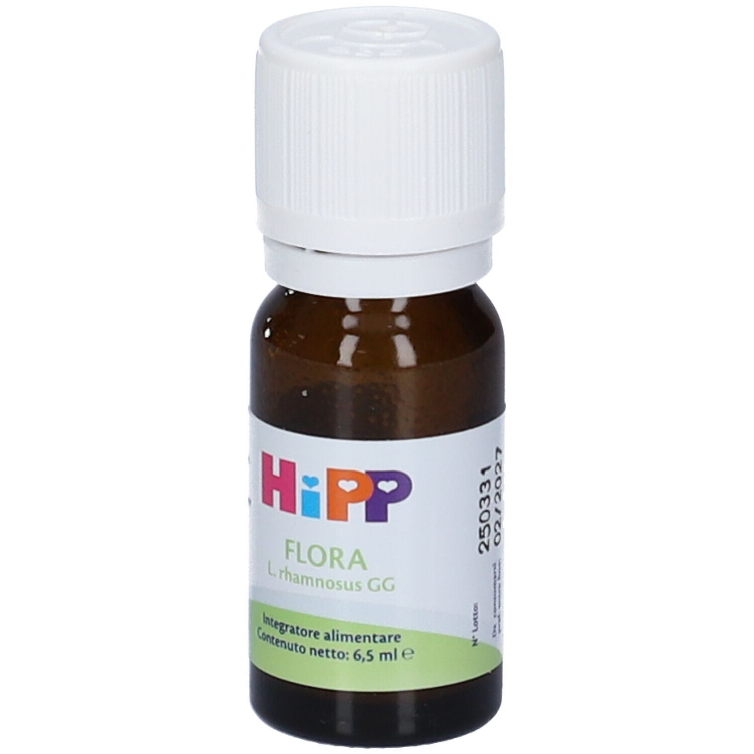 Braune Glasflasche mit weißem Deckel. Etikett mit HiPP-Logo und Produktnamen FLORA. Inhalt: 6,5 ml.