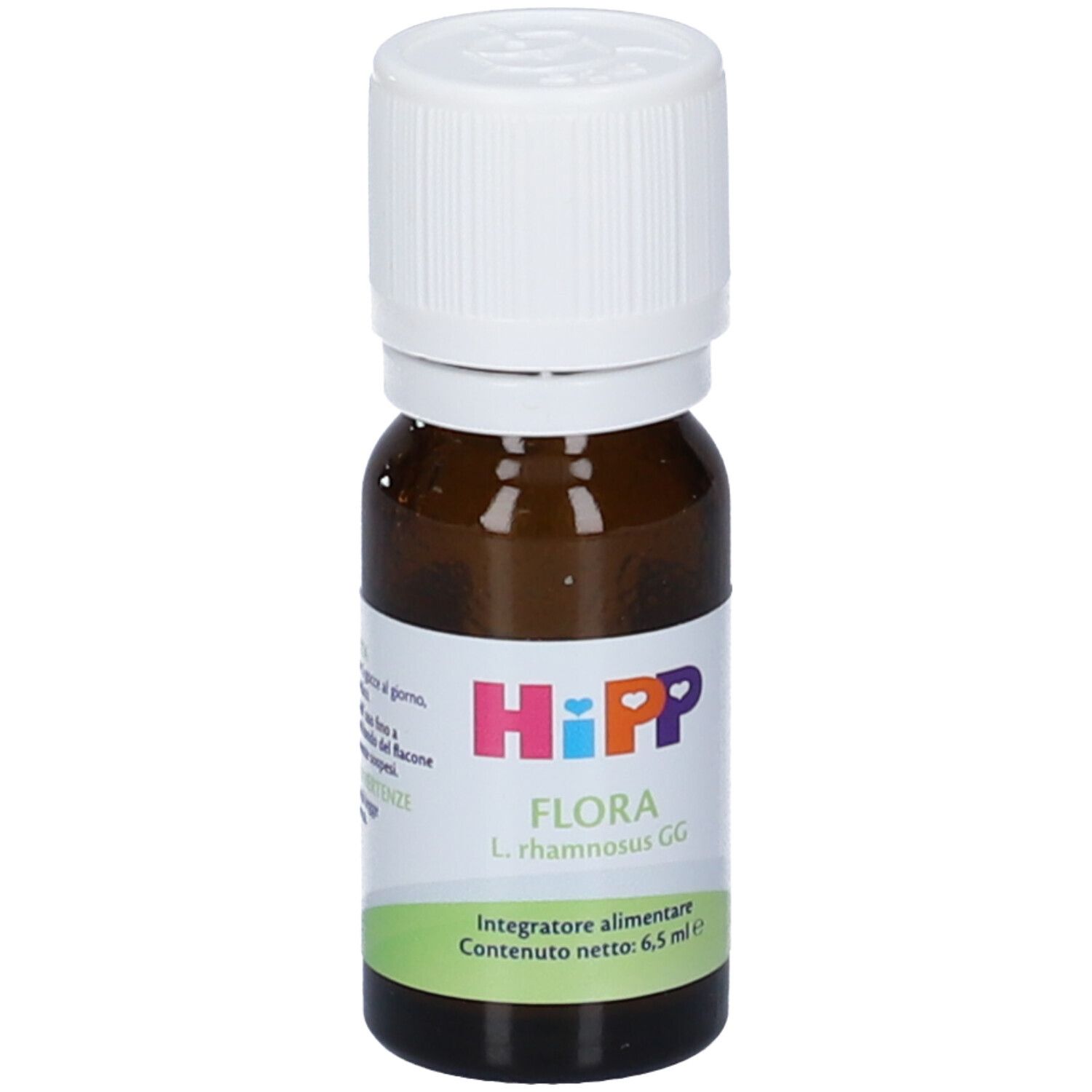 Braune Glasflasche mit weißem Deckel. Etikett mit HiPP-Logo und Produktnamen FLORA. Inhalt: 6,5 ml.