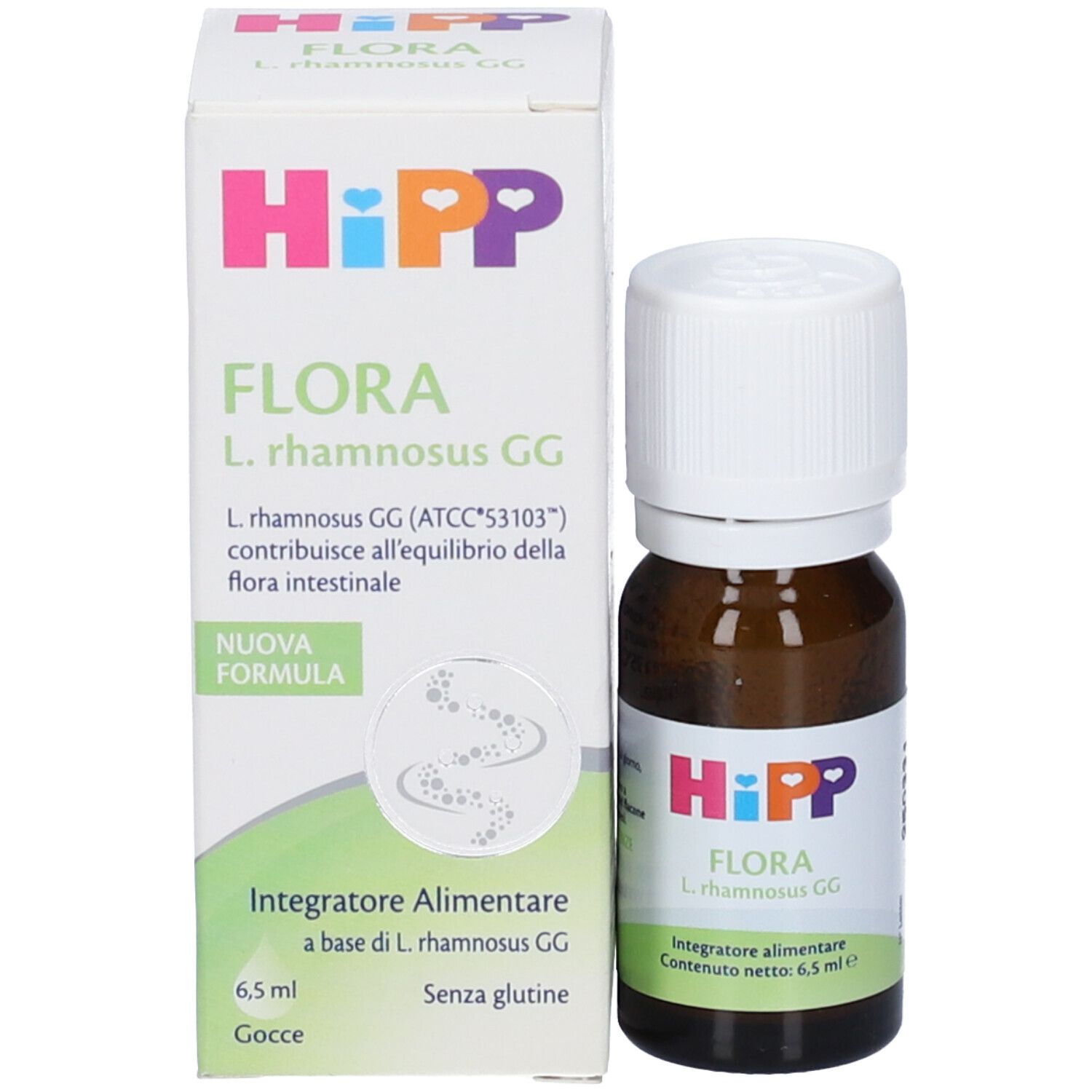 Produktverpackung und Flasche. Verpackung mit HiPP-Logo und Produktnamen FLORA. Flasche mit 6,5 ml Inhalt.