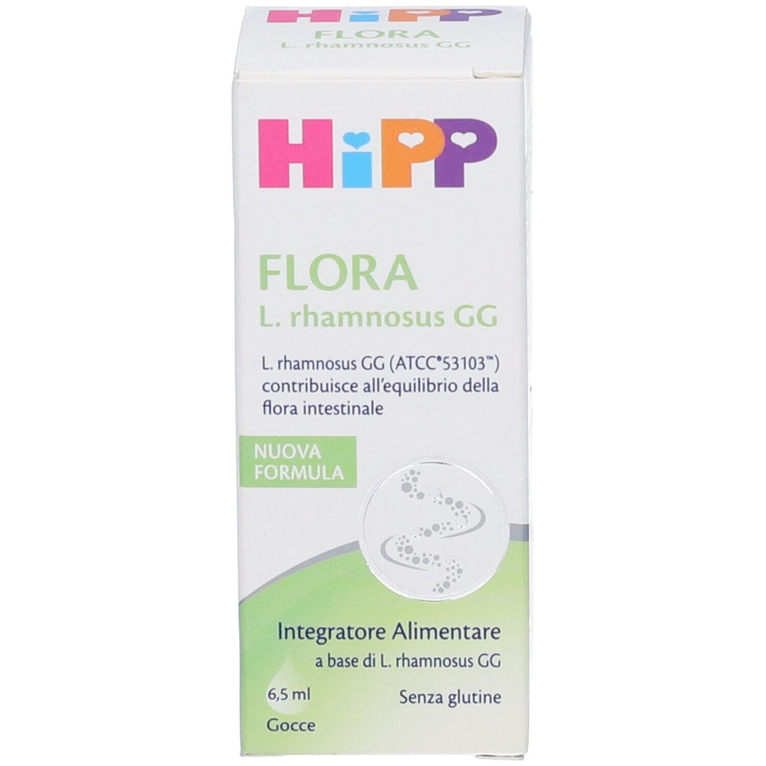 Produktverpackung. Verpackung mit HiPP-Logo und Produktnamen FLORA. Text in italienischer Sprache.