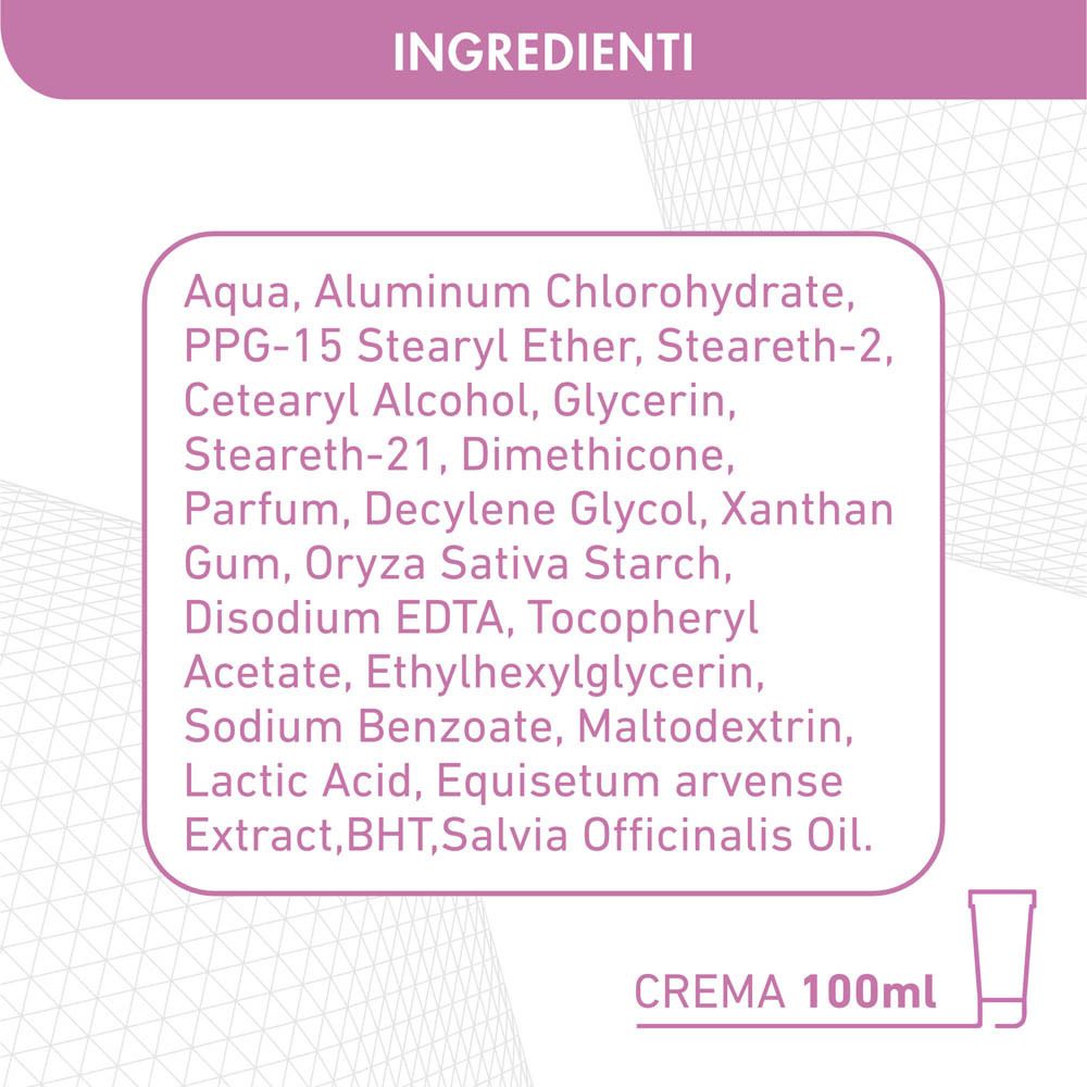 Zutatenliste für eine Creme: Aqua, Aluminiumchlorhydrat, Glycerin, Dimethicon, Parfum, Xanthan Gum, Oryza Sativa Stärke, Tocopherylacetat, Natriumbenzoat, Maltodextrin, Milchsäure, Equisetum arvense Extrakt, BHT, Salvia officinalis Öl.