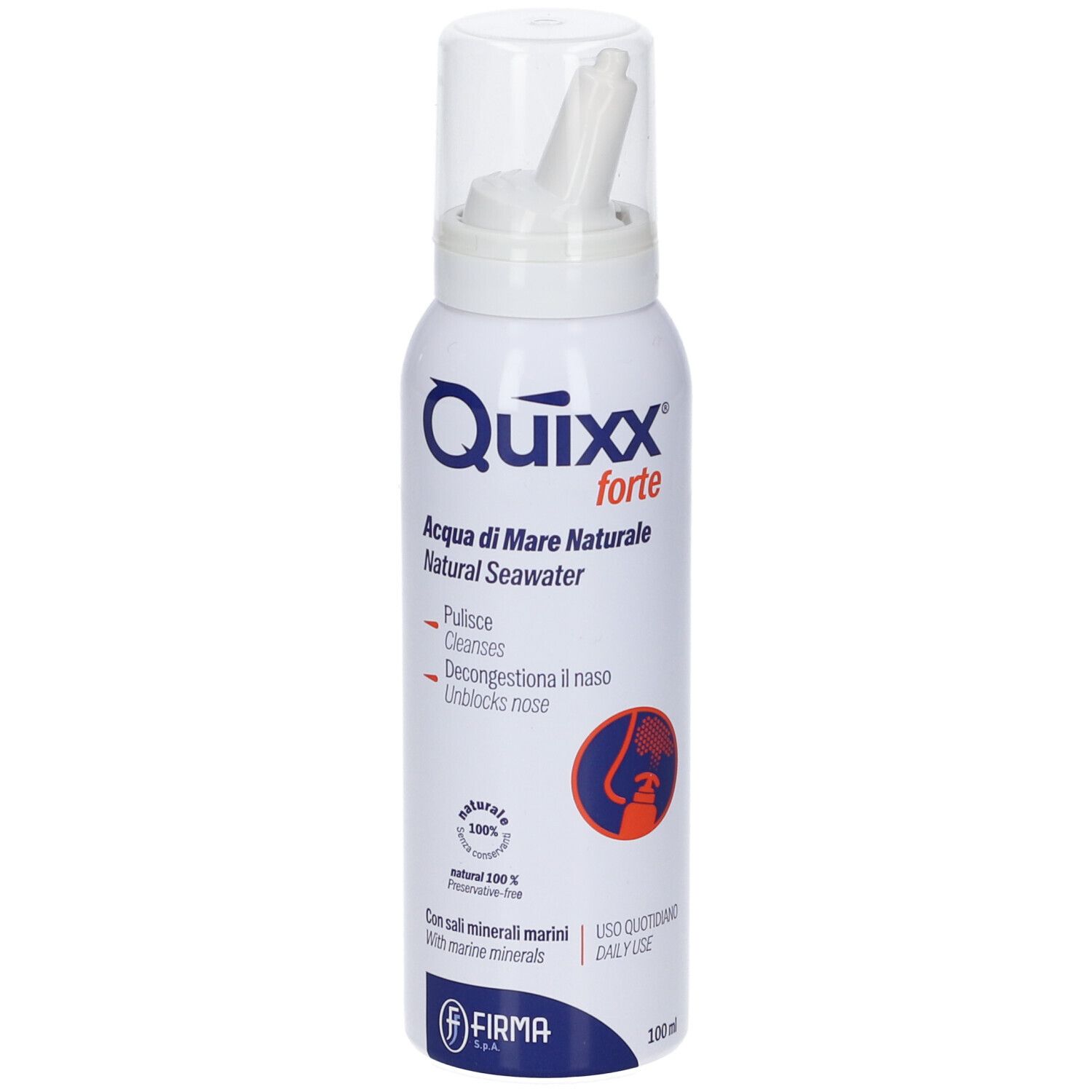 Flacone spray bianco con logo e testo blu. Contiene acqua di mare. Con applicatore nasale e tappo. Marchio Quixx forte.