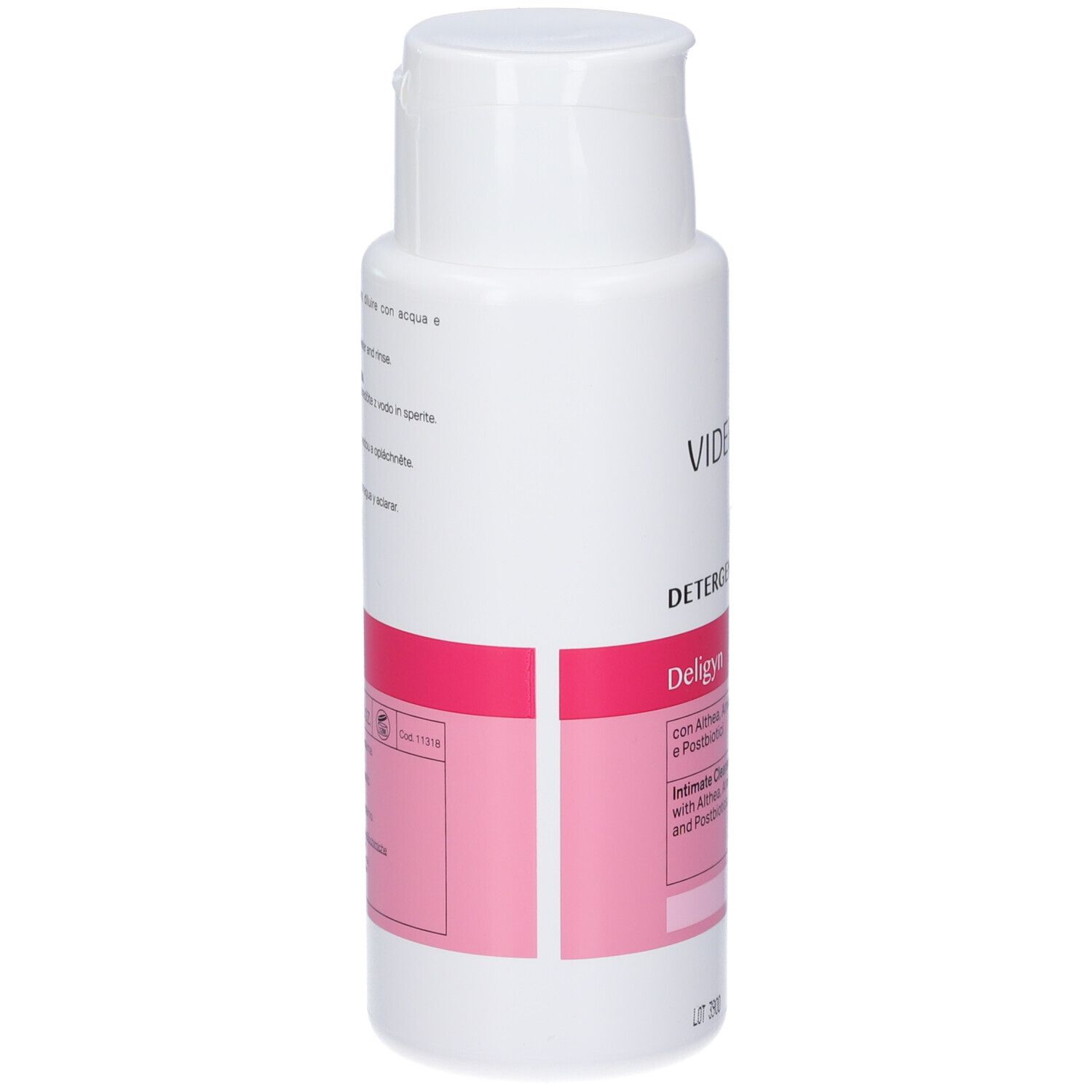 Weiße Flasche mit rosa Etikett, "VIDERMINA DELICATE DETERGENTE" steht auf dem Etikett.
