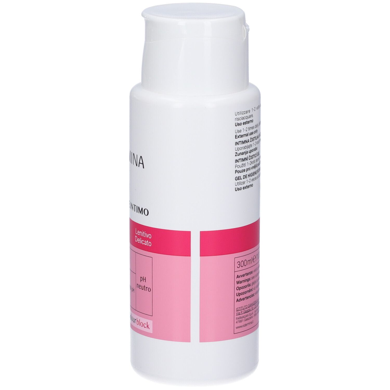 Weiße Flasche mit rosa Etikett, 300ml Intimwaschlotion.