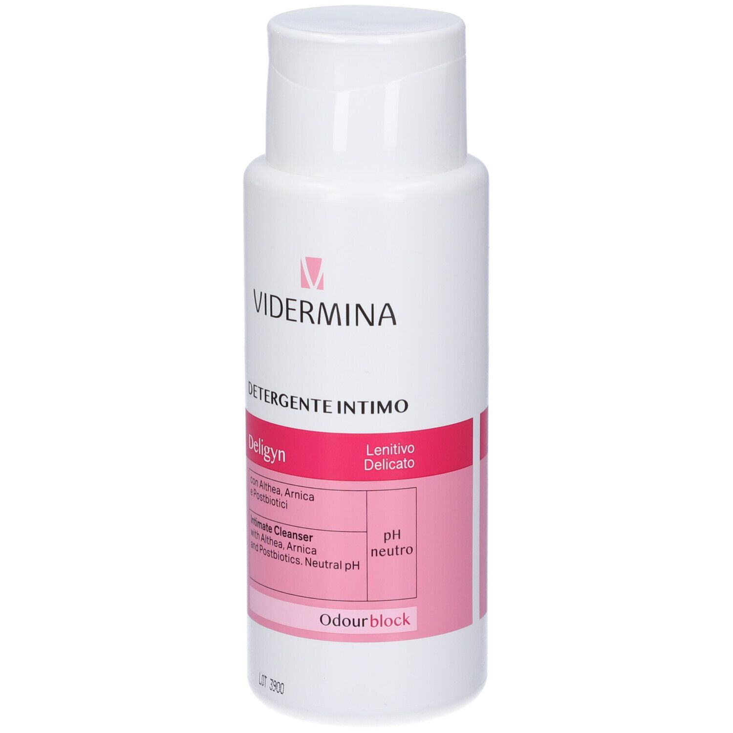 Weiße Flasche mit VIDERMINA-Logo. Intimreiniger mit Arnikablüten und Arnica Montana, neutralem pH-Wert.