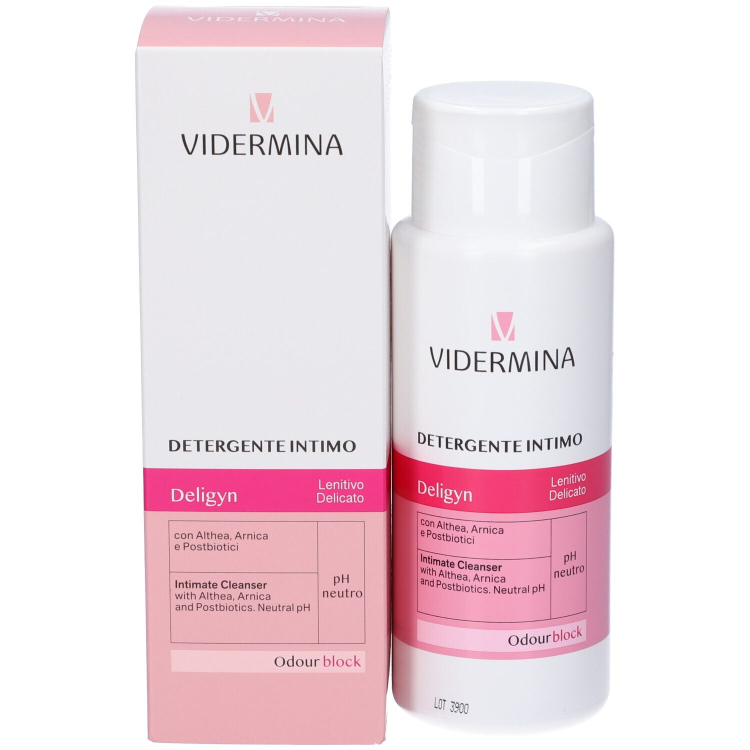Vidermina Deligyn Intimreiniger Flasche und Karton. Mit Arnika und Postbiotika. pH neutral.
