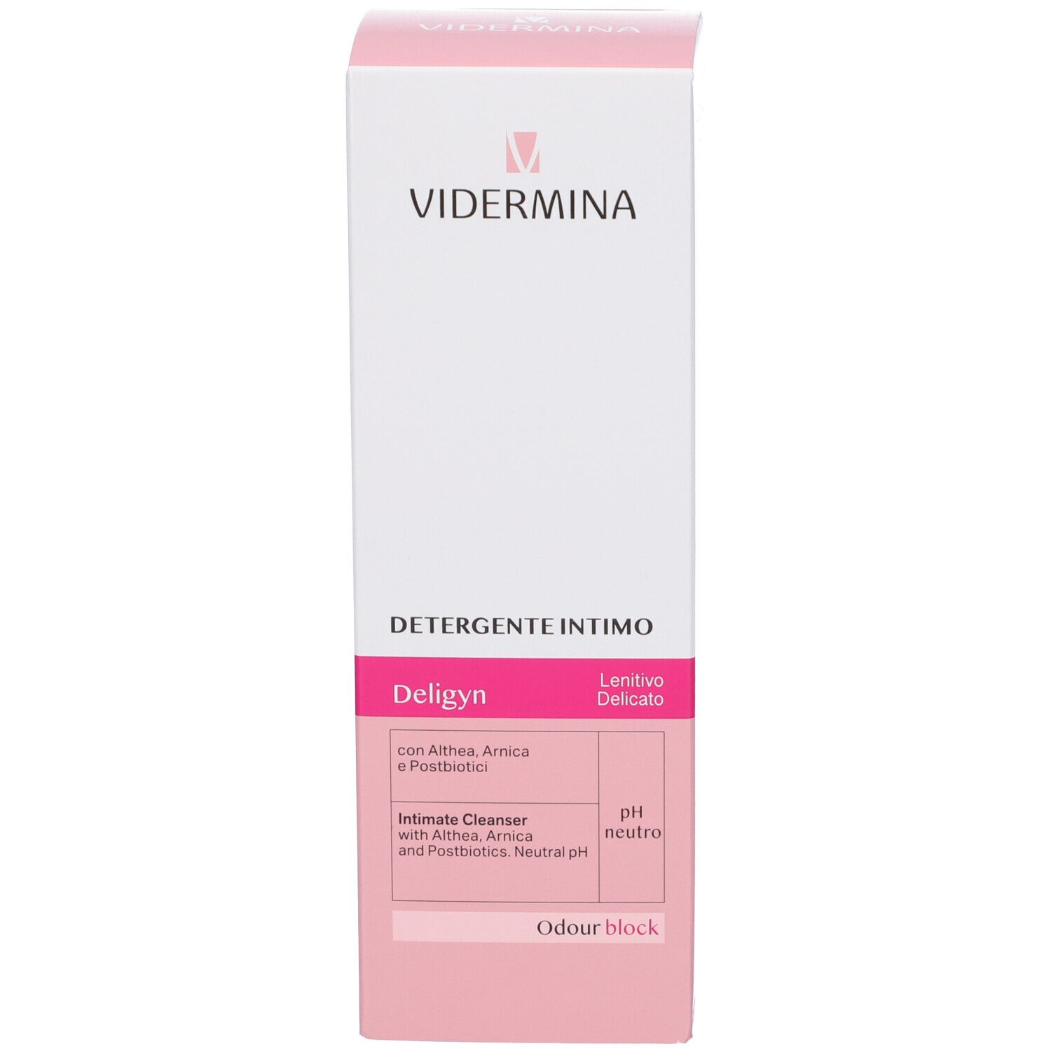 Verpackung für Vidermina Deligyn Intimreiniger mit Althea, Arnika und Postbiotika. pH-neutral.