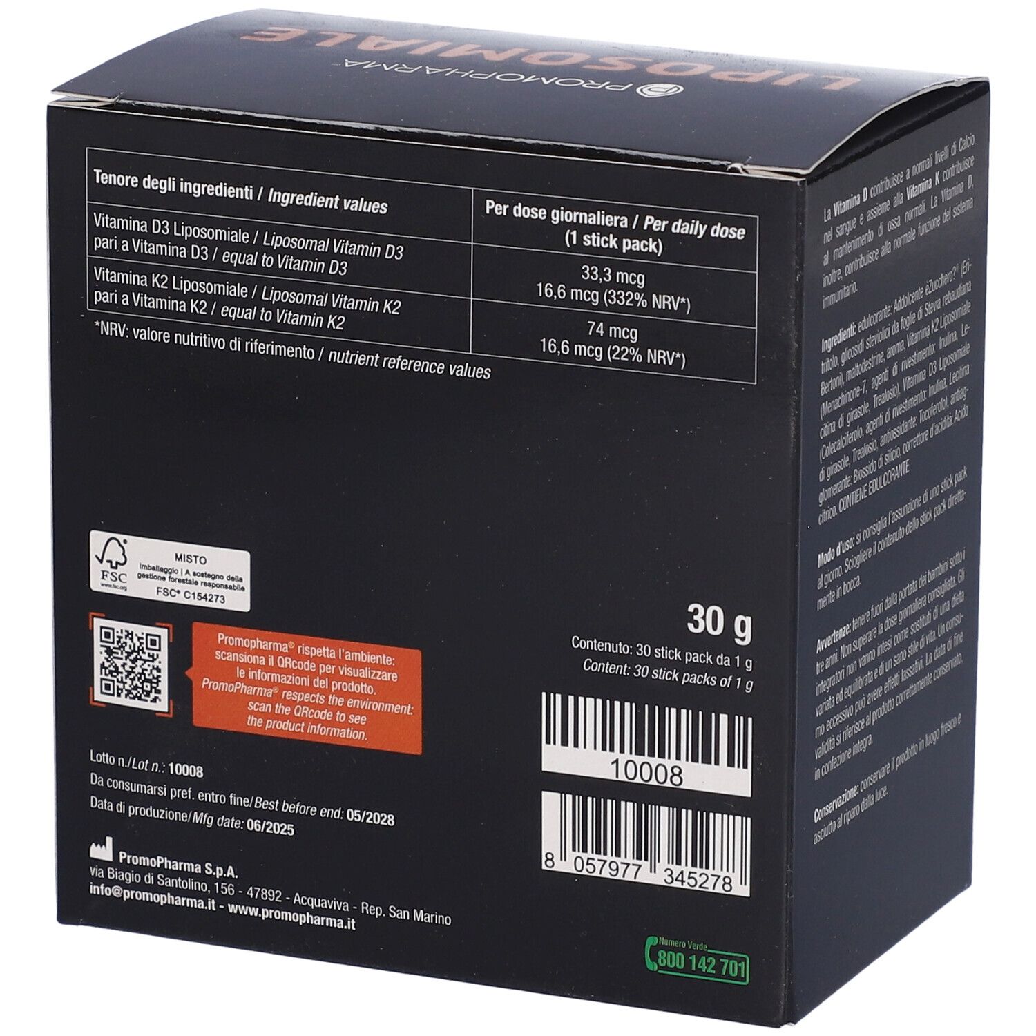 Rückseite der Schachtel VITAMINA D3+K2 POCKET. Nährwertangaben, QR-Code, 30 g.