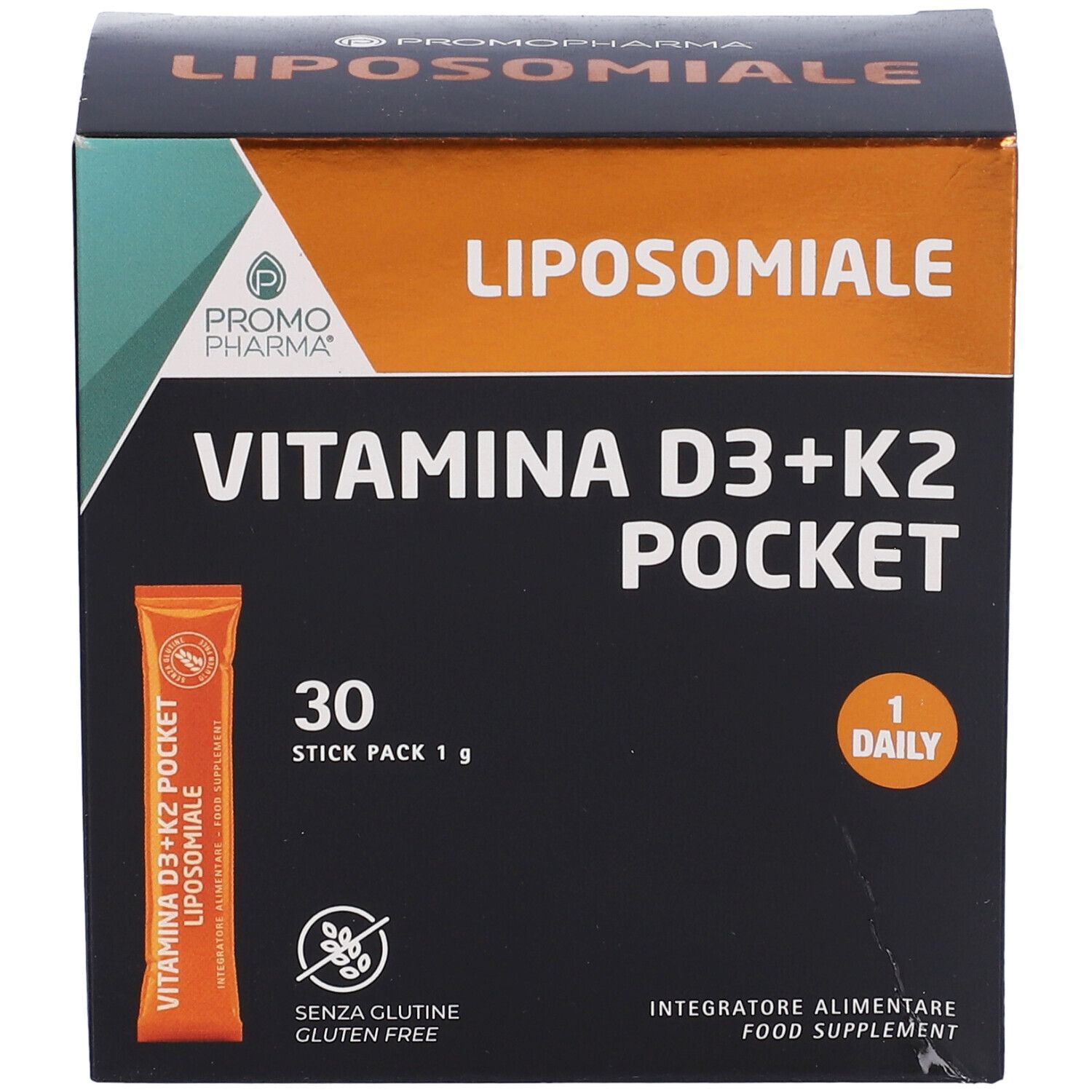 Schachtel VITAMINA D3+K2 POCKET. 30 Stick Packs. Orangefarbener Stickpack.
