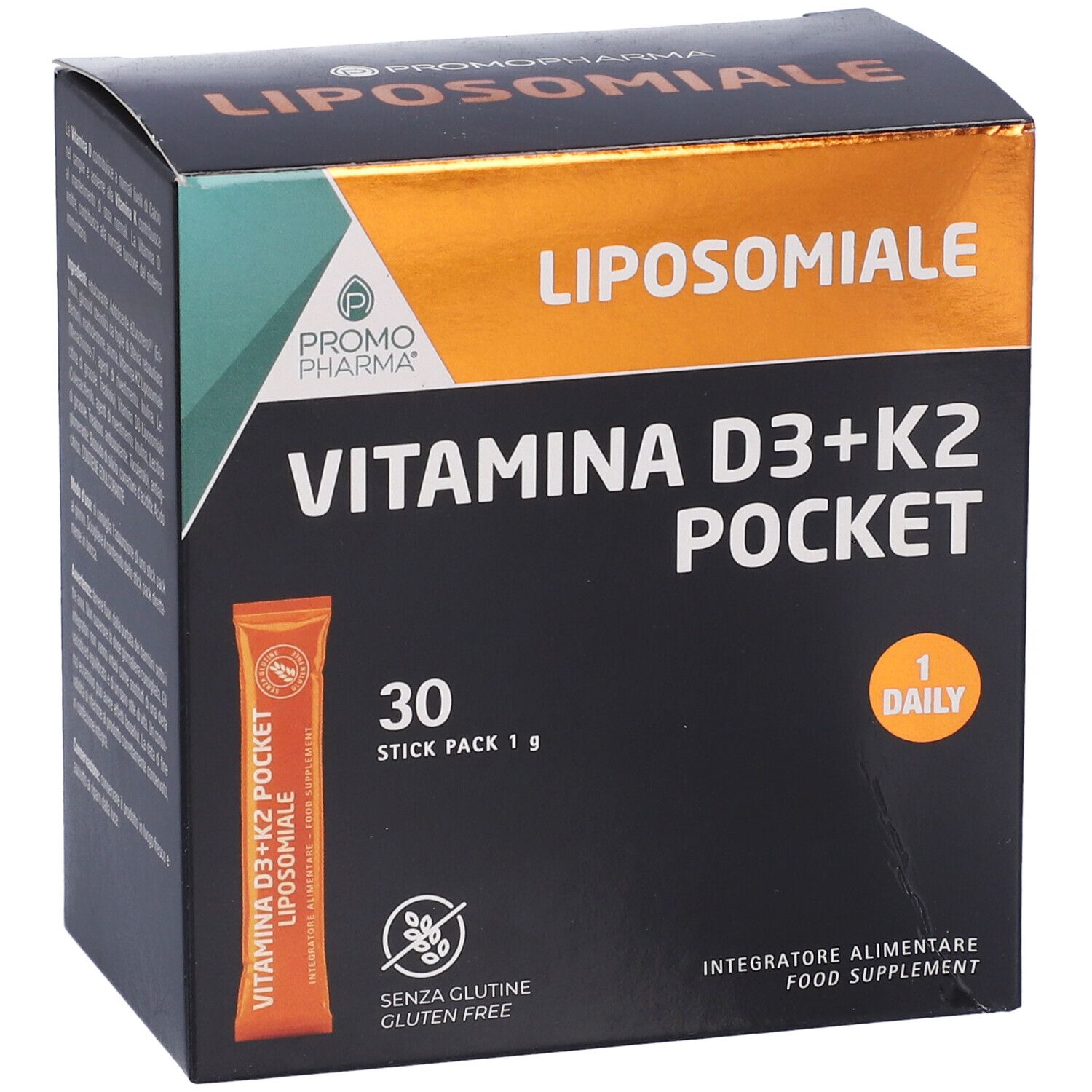 Schachtel VITAMINA D3+K2 POCKET. 30 Stick Packs. Orangefarbener Stickpack.
