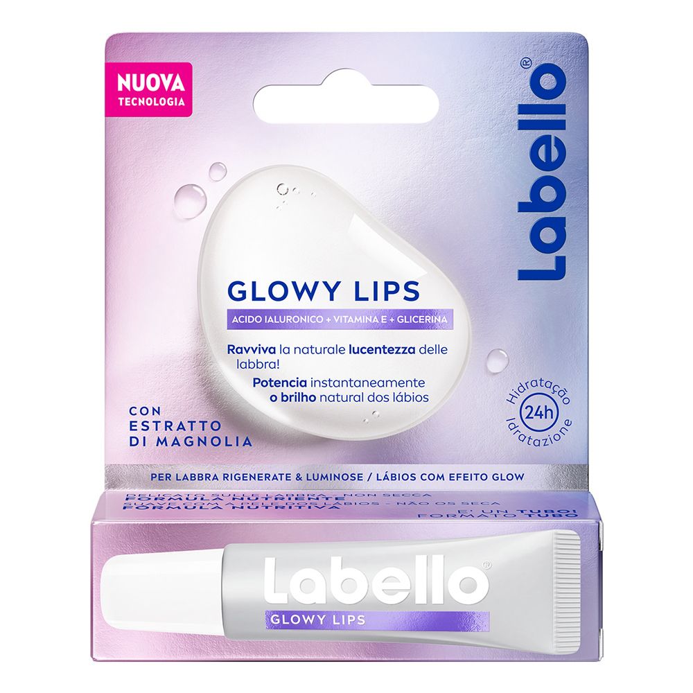 Balsamo labbra Labello Glowy Lips. Confezione bianca con immagine e nome del prodotto. Ingredienti visibili.