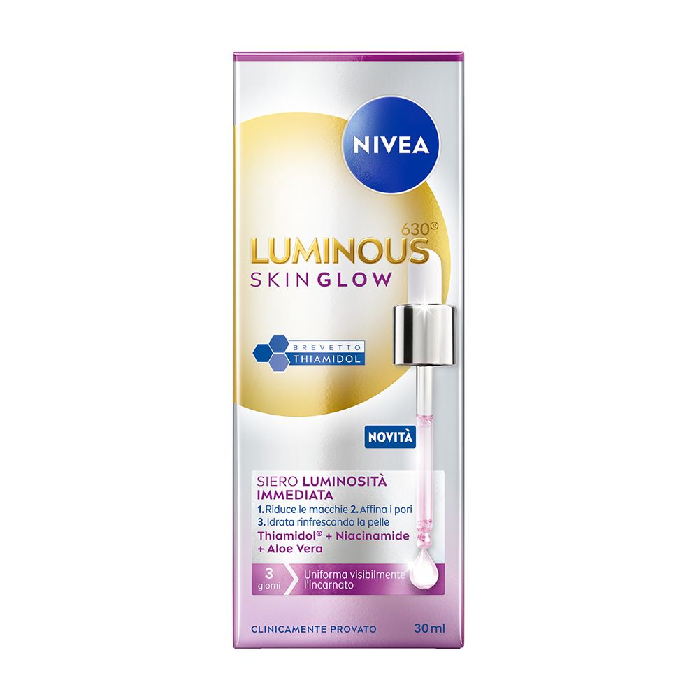 Siero NIVEA Luminous Skin Glow. Flacone con pipetta. Nome del prodotto e logo su sfondo bianco. 30ml.