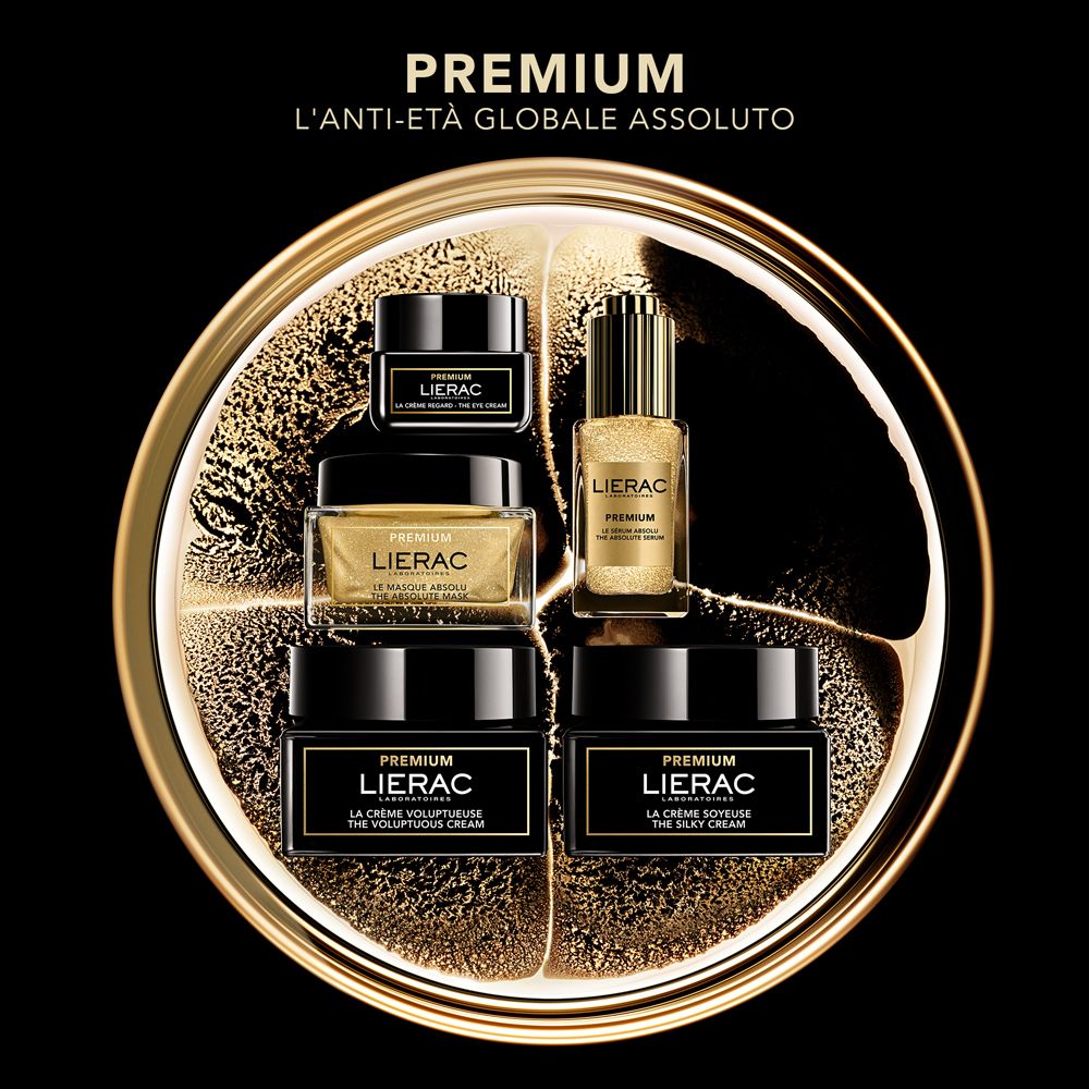 Gamma di prodotti. Testo: Premium, creme e siero. Confezione dorata.