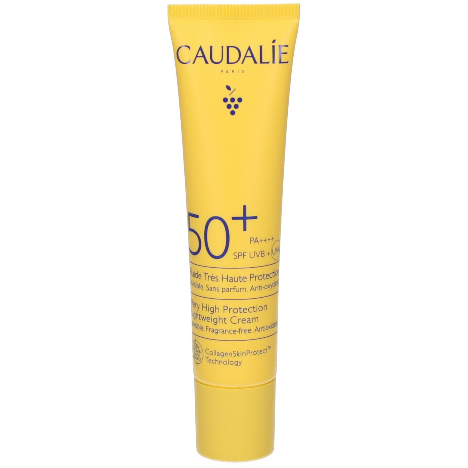 Gelbe Tube mit weißer Schrift. Oben steht CAUDALIE PARIS. Darunter 50+ und weitere Angaben. Aufschrift: Fluide Très Haute Protection.