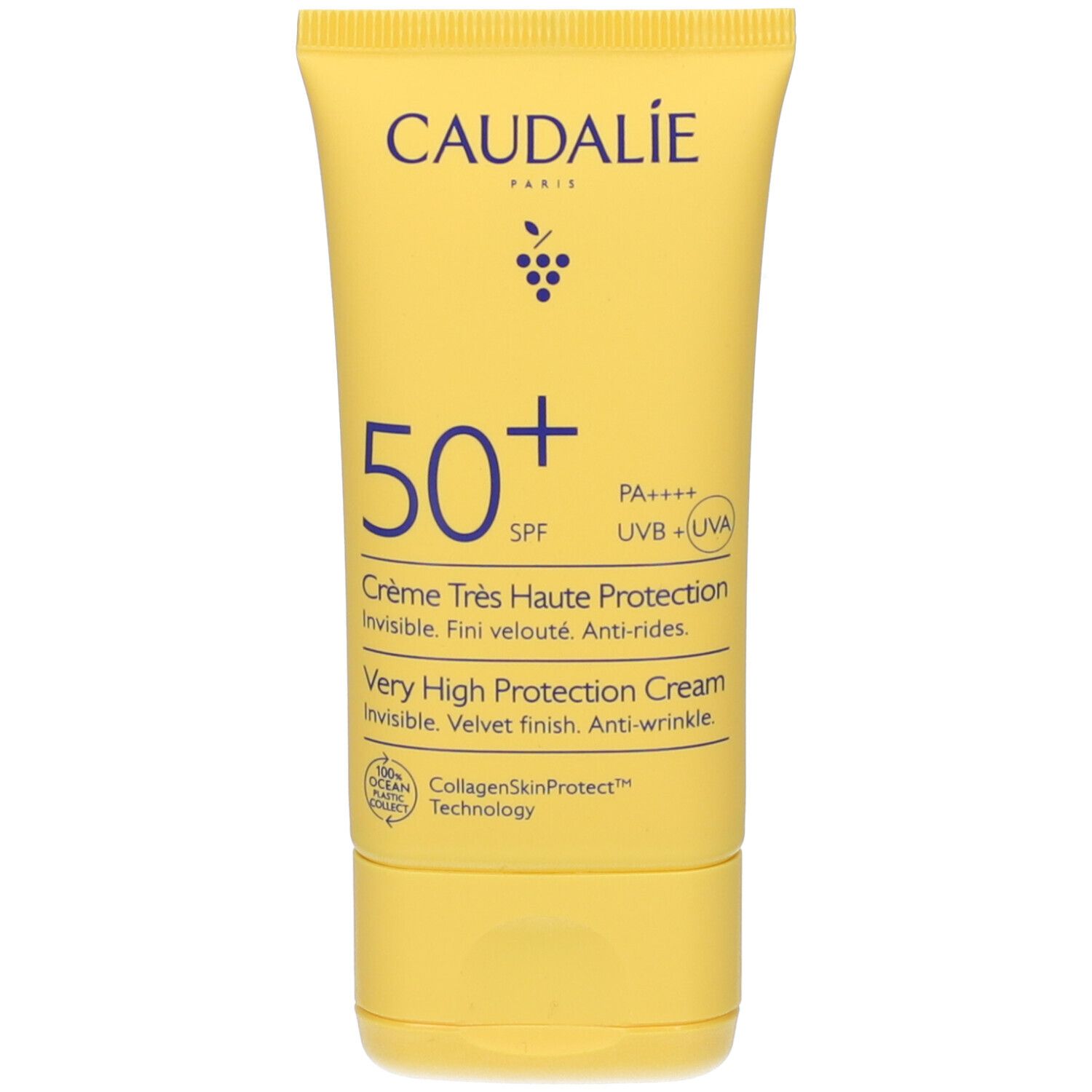 Gelbe Tube mit Aufschrift CAUDALIE, 50+ SPF, Creme Très Haute Protection. Sichtbare Logos und Text.