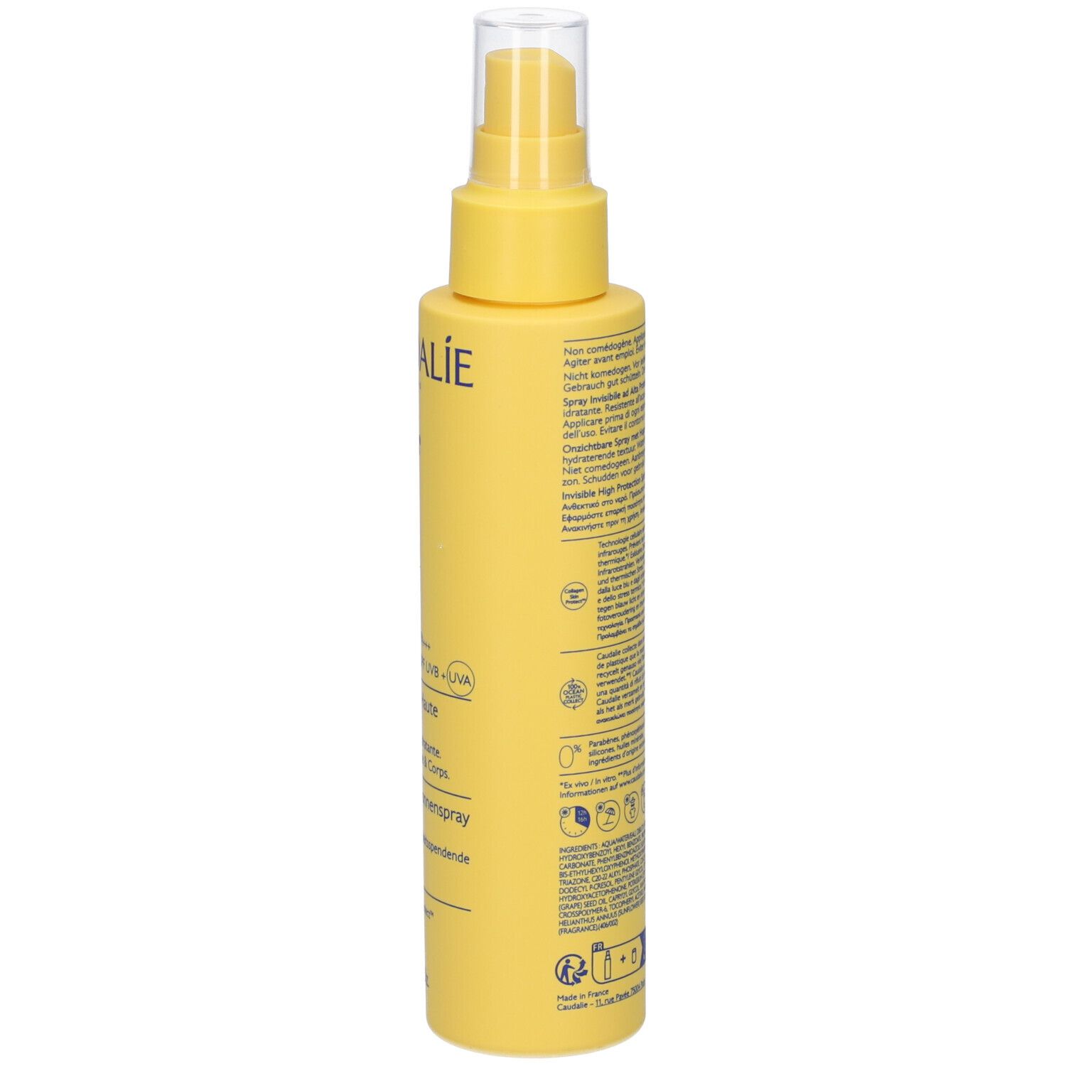Gelbe Sprühflasche, Rückseite mit Text. Aufschrift: Caudalie. Informationen und Symbole.