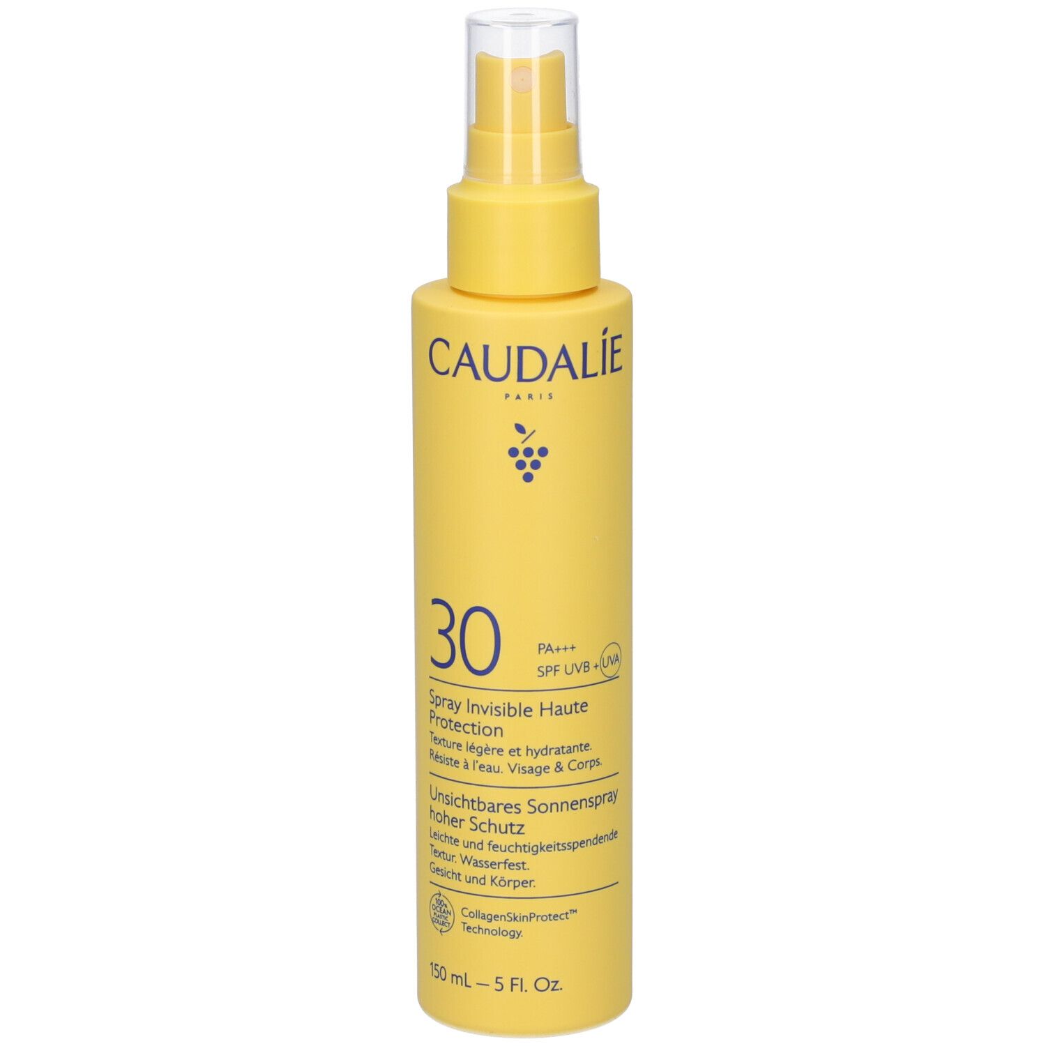 Gelbe Sprühflasche mit weißem Sprühkopf. Aufschrift: Caudalie, 30, Spray Invisible Haute Protection. 150 ml.