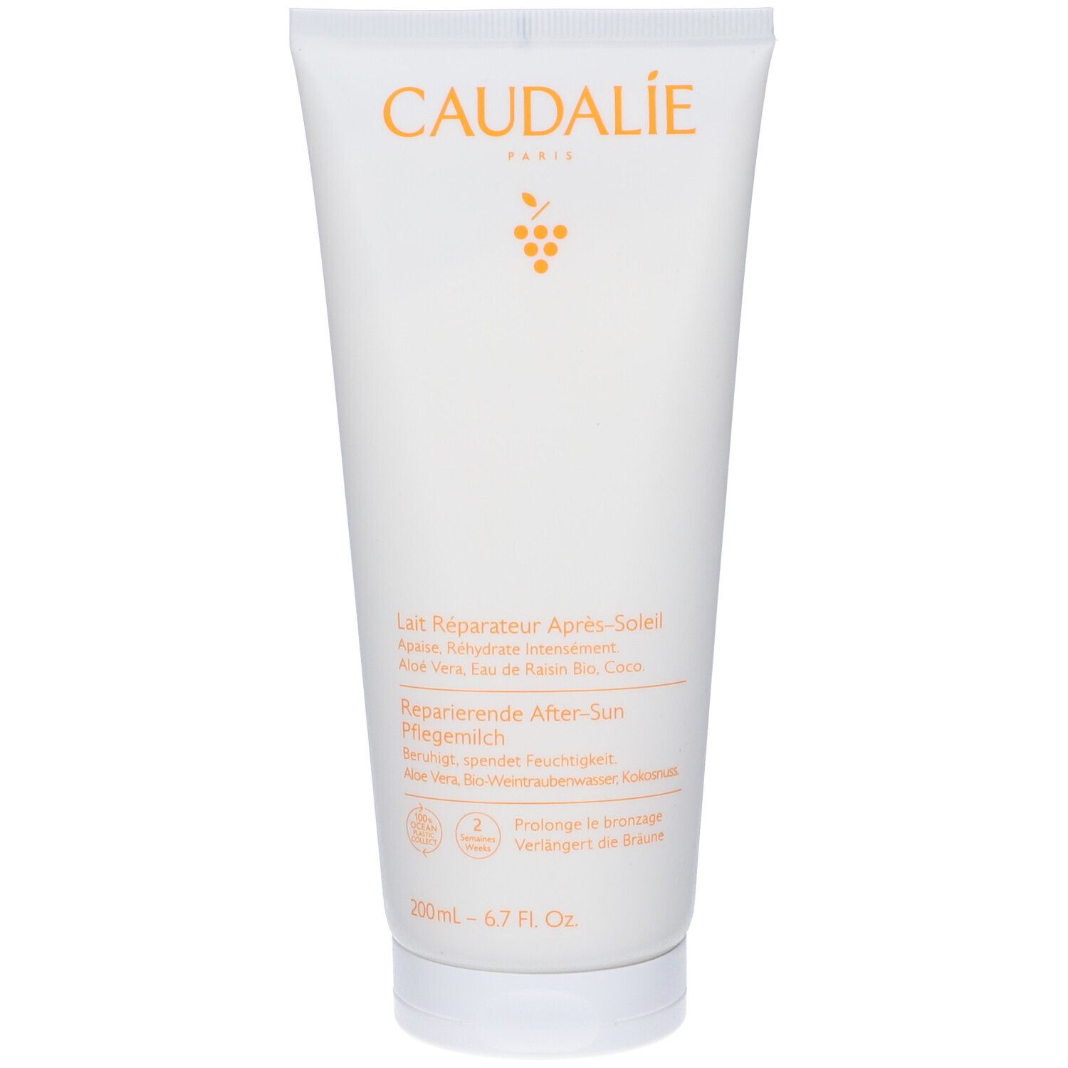 Weiße Tube mit orangefarbenem Caudalie-Logo und Produktbezeichnung. Enthält Text in Französisch und Deutsch. 200 ml.