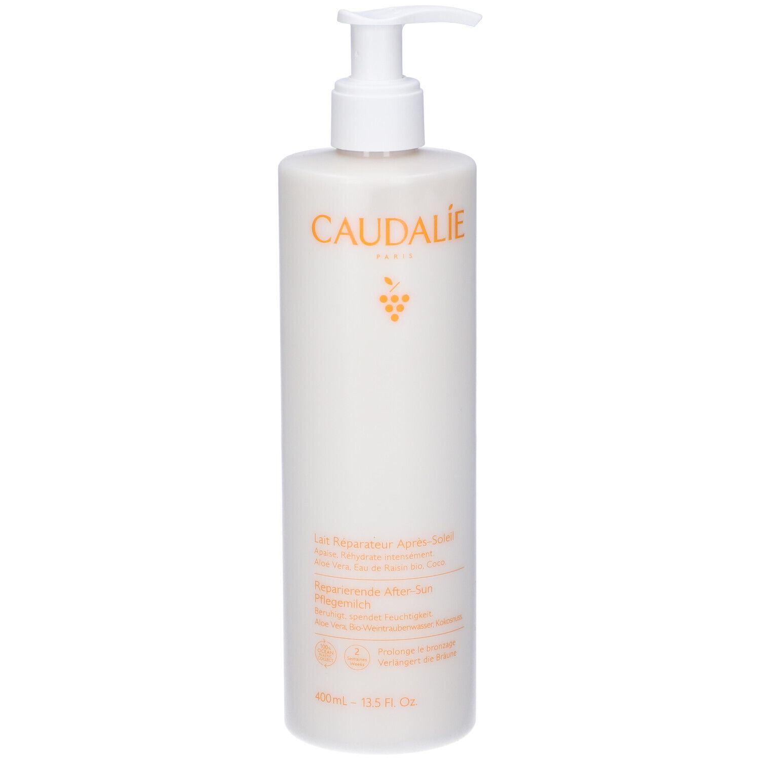 Weißer Flakon mit Pumpe. Aufschrift CAUDALIE und Produktbezeichnung. 400 ml. Text in Französisch, Deutsch, Englisch, Niederländisch.