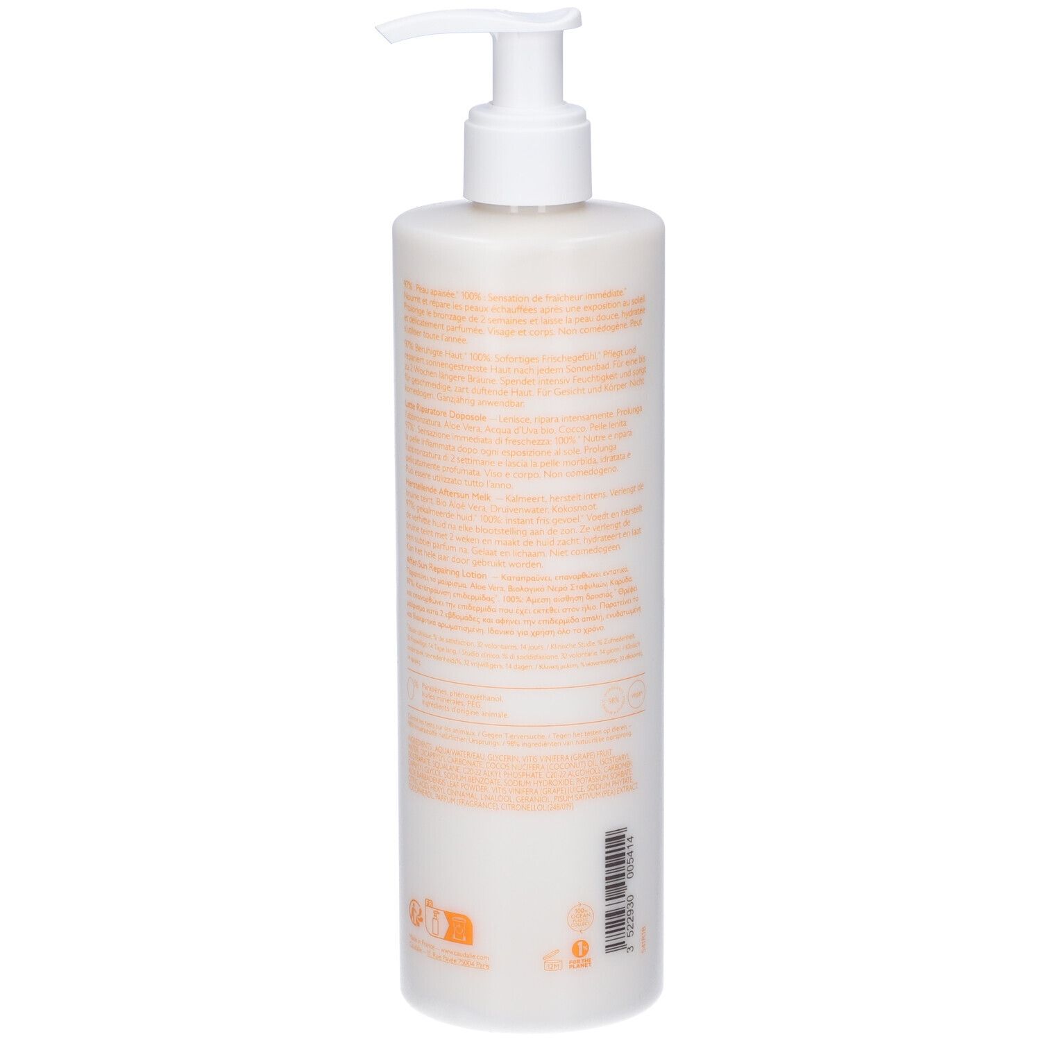 Weißer Flakon mit Pumpe. Rückseite mit Text in verschiedenen Sprachen. Barcode. 400 ml.