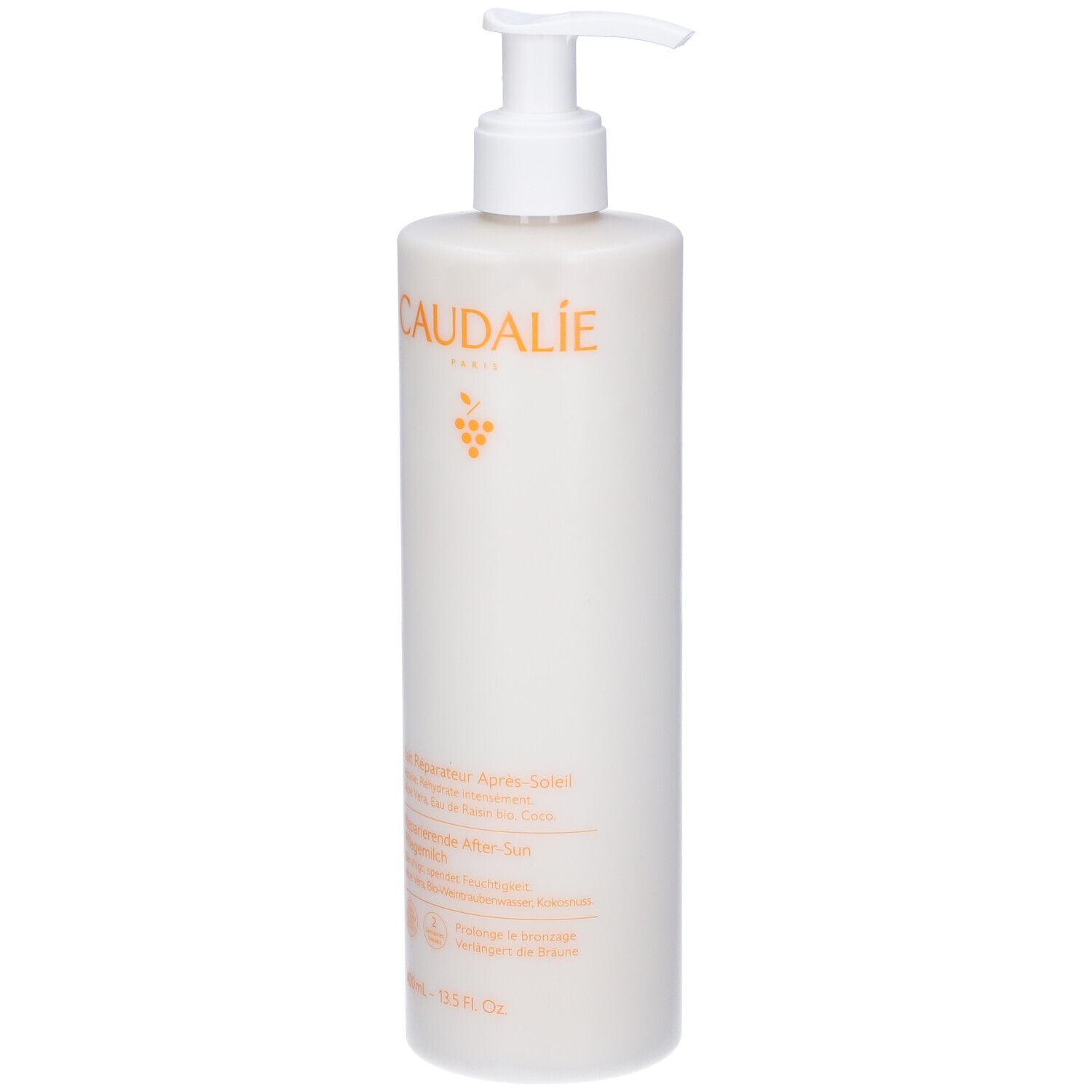 Weißer Flakon mit Pumpe. Aufschrift CAUDALIE und Produktbezeichnung. 400 ml. Text in Französisch, Deutsch, Englisch, Niederländisch.