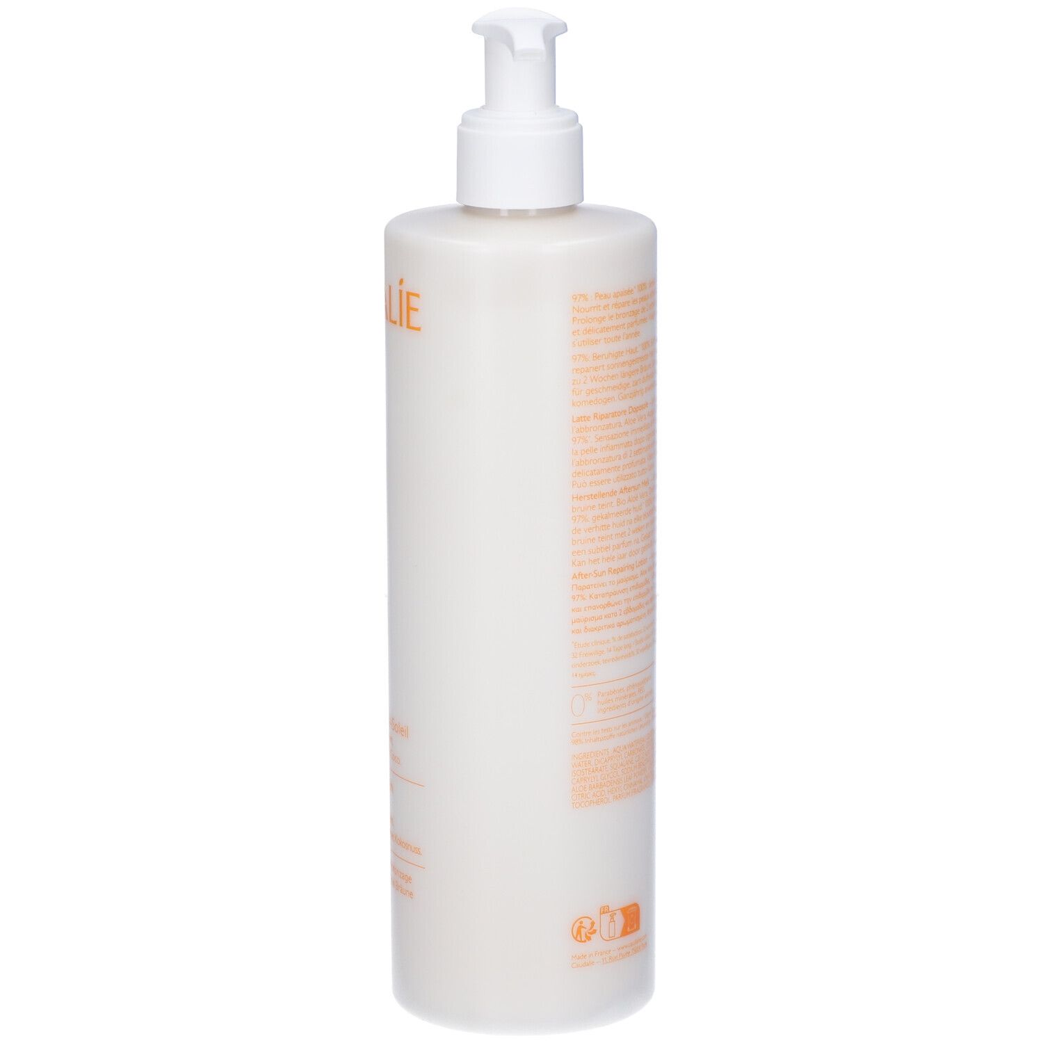 Weißer Flakon mit Pumpe. Rückseite mit Text in verschiedenen Sprachen. 400 ml.