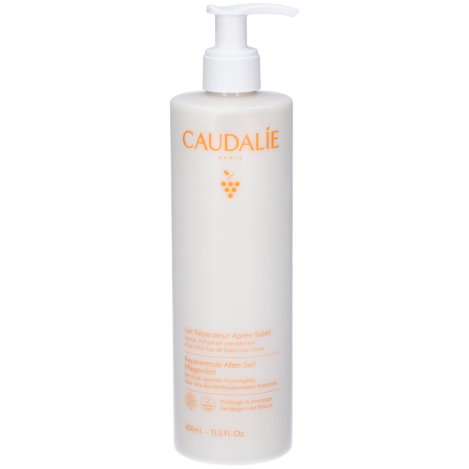 Weißer Flakon mit Pumpe. Aufschrift CAUDALIE und Produktbezeichnung. 400 ml. Text in Französisch, Deutsch, Englisch, Niederländisch.